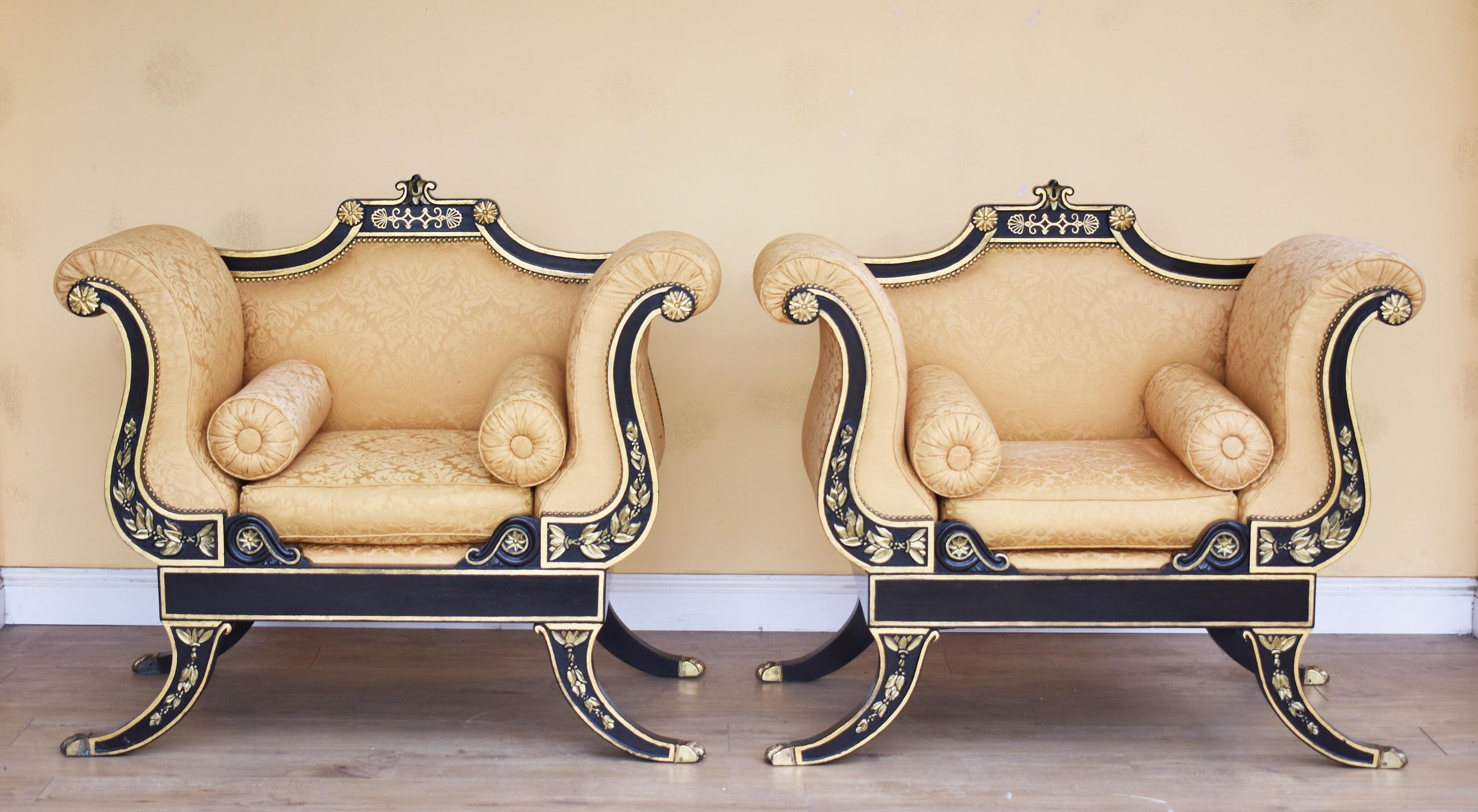 20th Century English Regency Ebonised and Parcel-Gilt Couch & Pair of Armchairs In Good Condition In Chelmsford, Essex