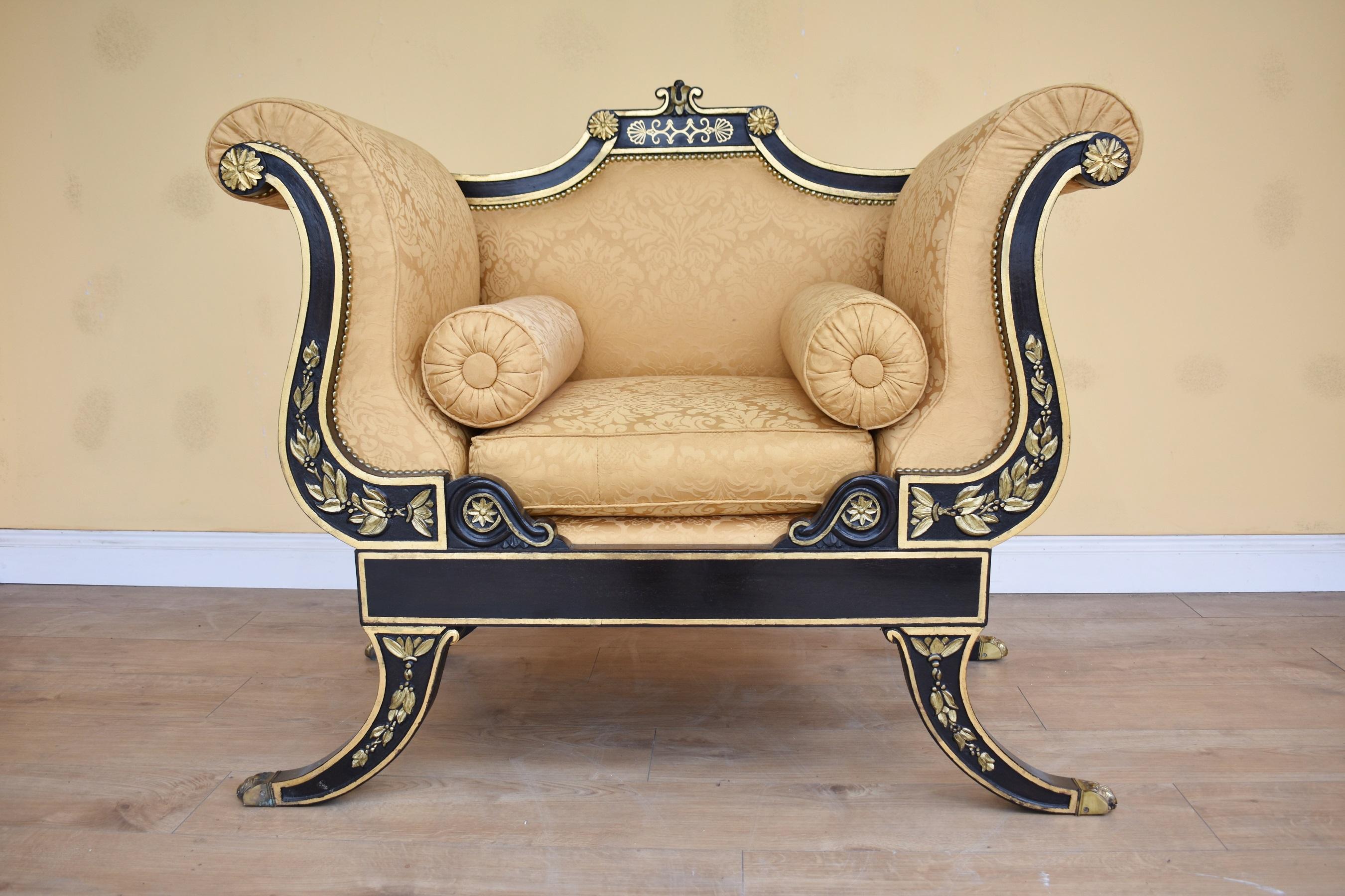 20th Century English Regency Ebonised and Parcel-Gilt Couch & Pair of Armchairs 5