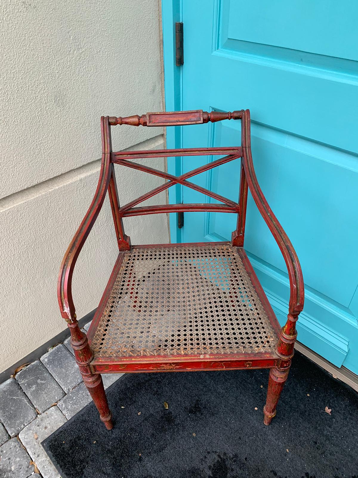 20th Century English Regency Style Red Armchair with Cane Seat 6