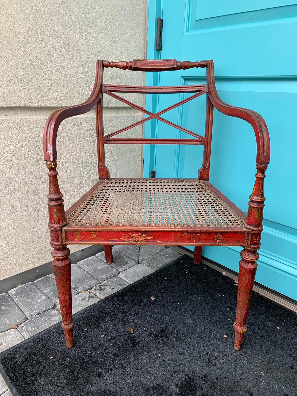 20th century English Regency style red armchair with cane seat
Measures: 21.5