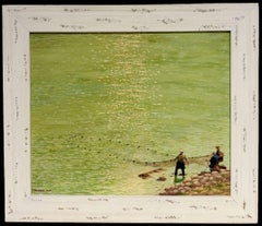 Bright Dappled Light French Seine Fishermen Hauling Nets River Scene Painting