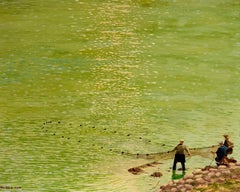 Bright Dappled Light French Seine Fishermen Hauling Nets River Scene Painting