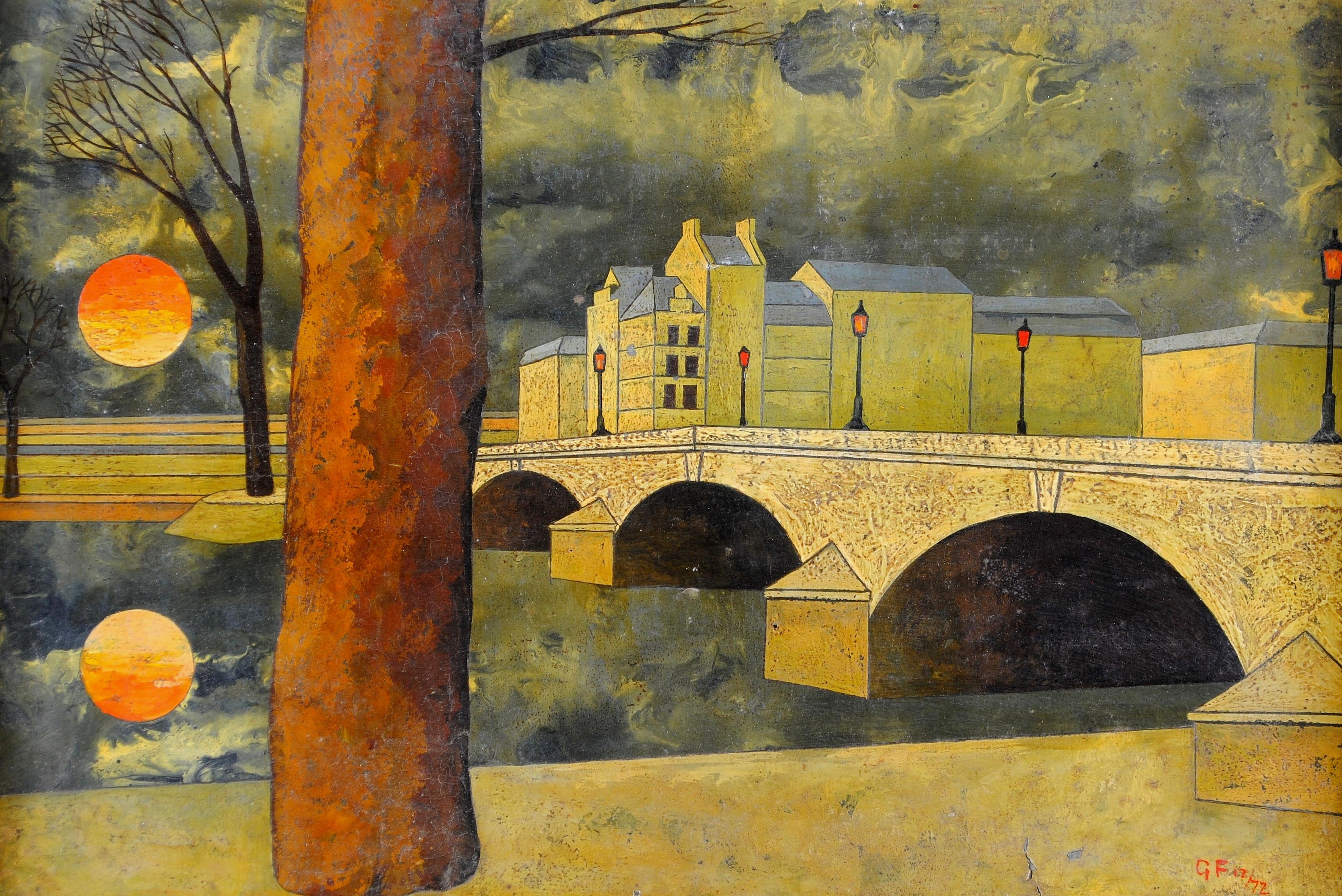 Île Saint-Louis - Fluss Seine Paris Frankreich Surrealist Öl auf Karton Gemälde – Painting von 20th Century English School