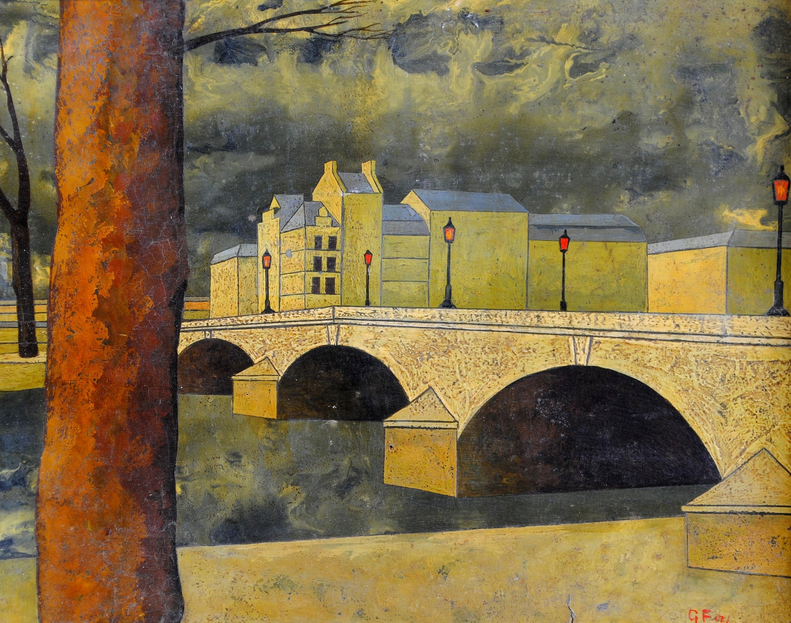 Île Saint-Louis - Fluss Seine Paris Frankreich Surrealist Öl auf Karton Gemälde (Surrealismus), Painting, von 20th Century English School