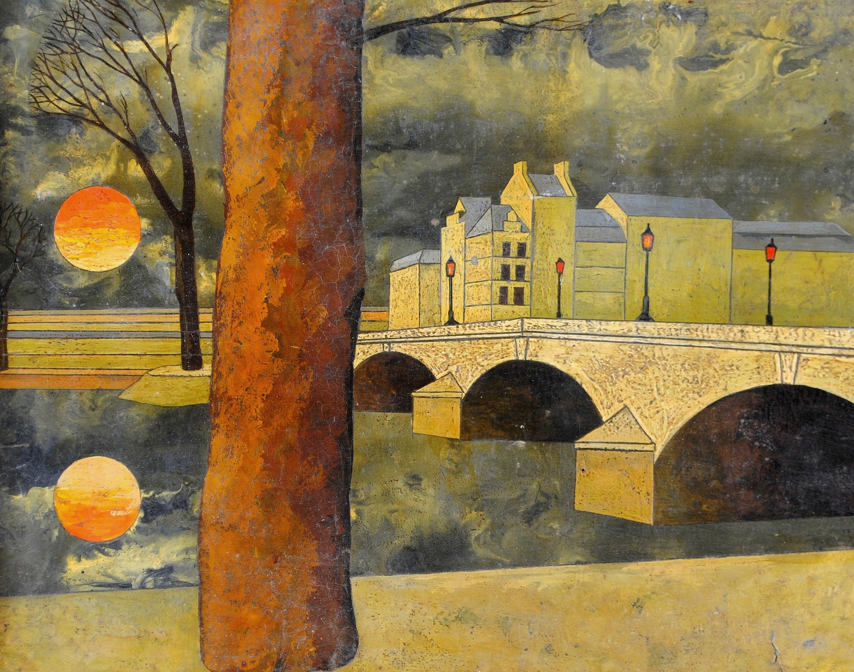 Île Saint-Louis - Fluss Seine Paris Frankreich Surrealist Öl auf Karton Gemälde (Braun), Landscape Painting, von 20th Century English School