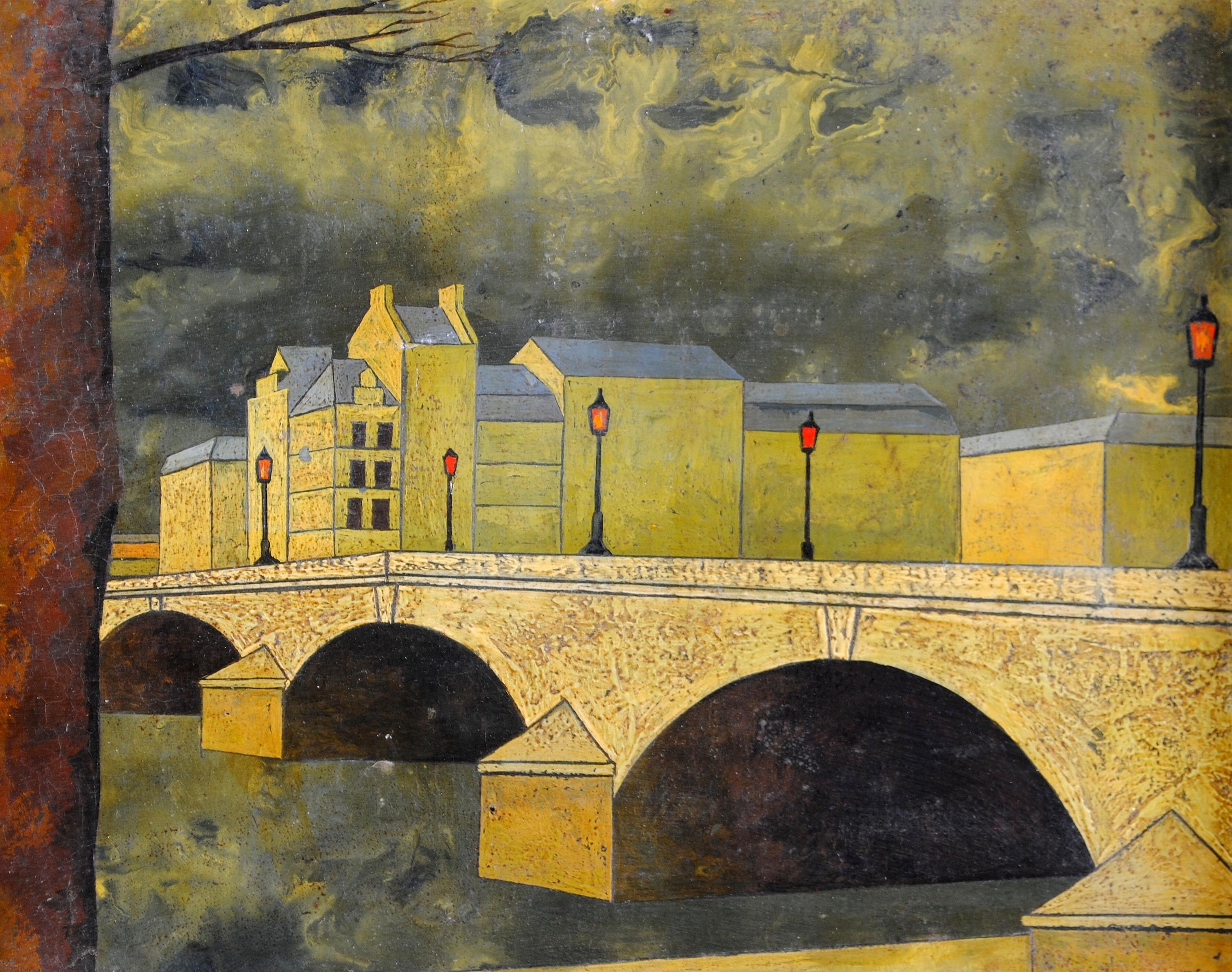 Ein sehr schönes signiertes und datiertes Ölgemälde von 1972, das eine surrealistische Ansicht der Île Saint-Louis in Paris bei Sonnenuntergang zeigt.

Auffälliges Werk von hervorragender Qualität, präsentiert in einem geschwungenen Goldrahmen.