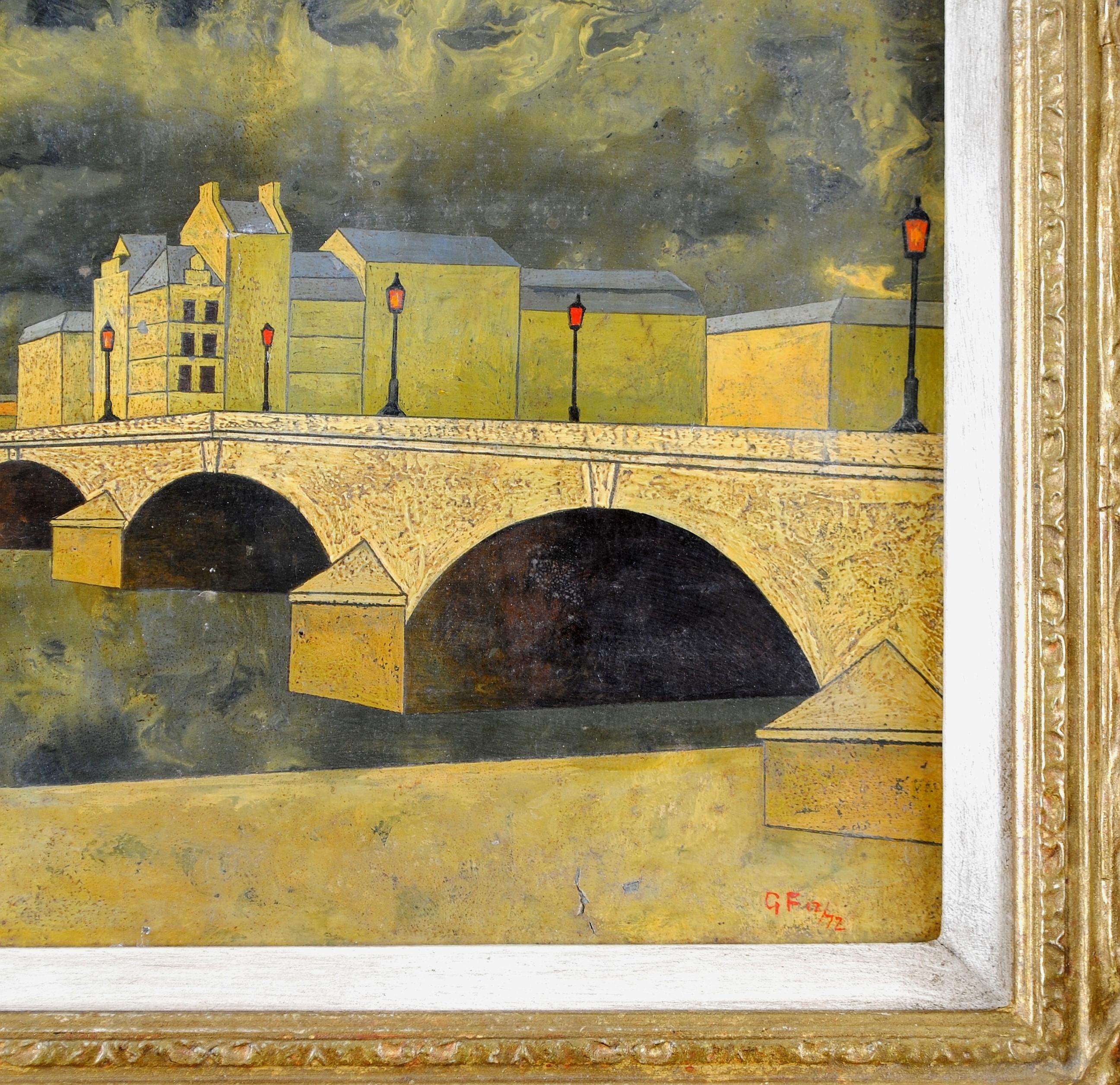 Île Saint-Louis - Fluss Seine Paris Frankreich Surrealist Öl auf Karton Gemälde im Angebot 1
