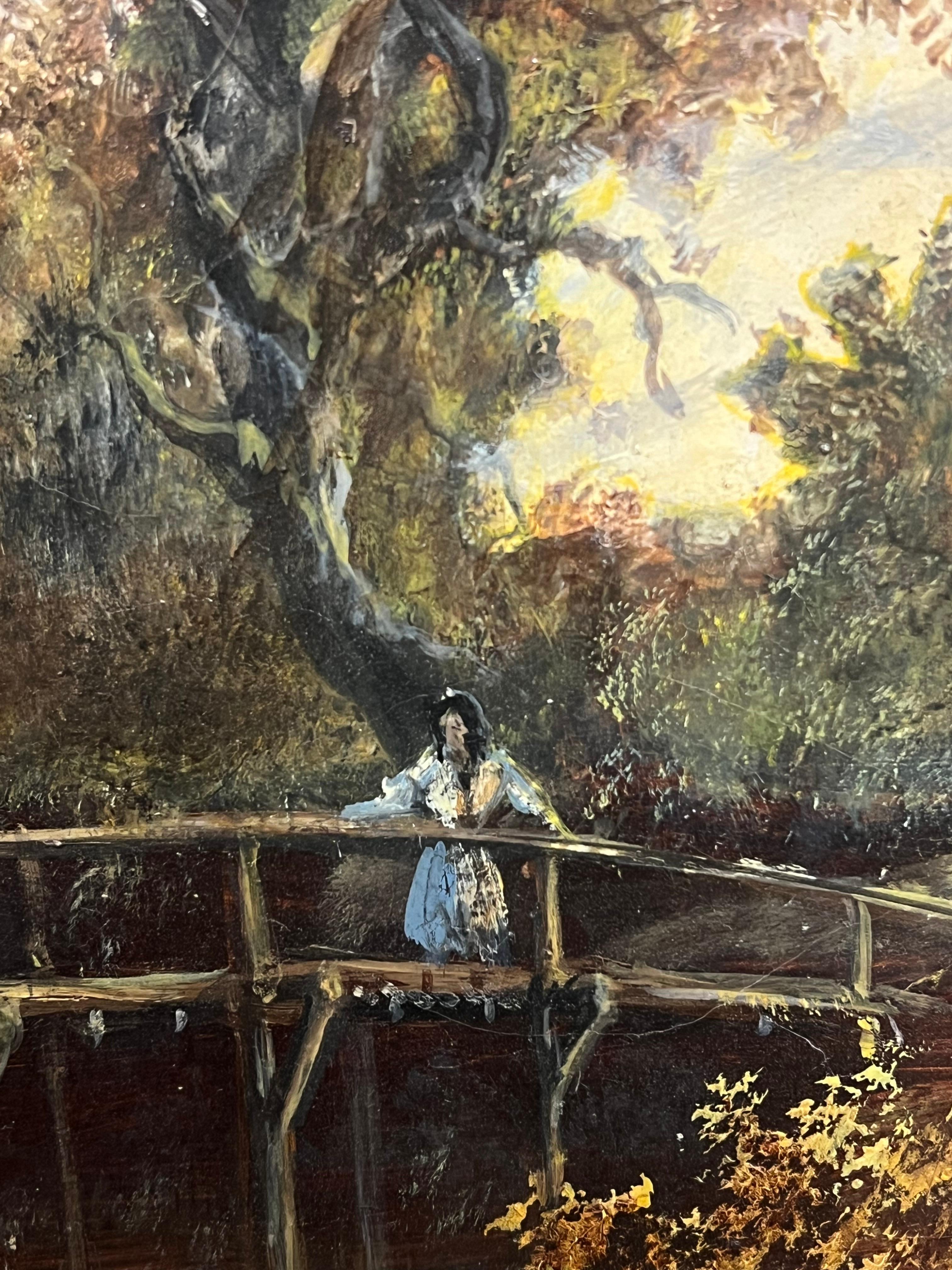 Paisaje Rural Molino Figuras Estanque y Animales Pintura al Óleo Grande en venta 7
