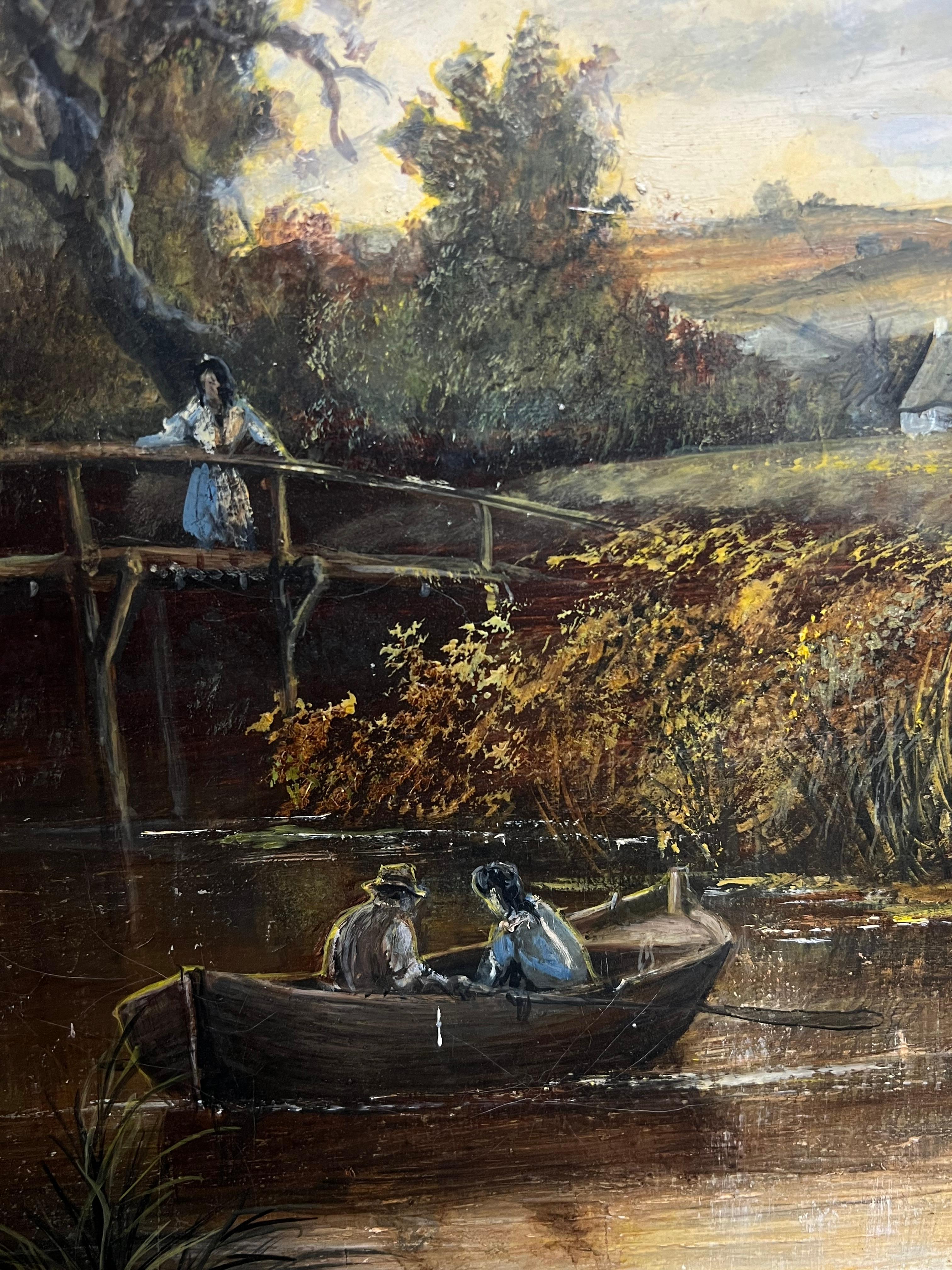 Paisaje Rural Molino Figuras Estanque y Animales Pintura al Óleo Grande en venta 8