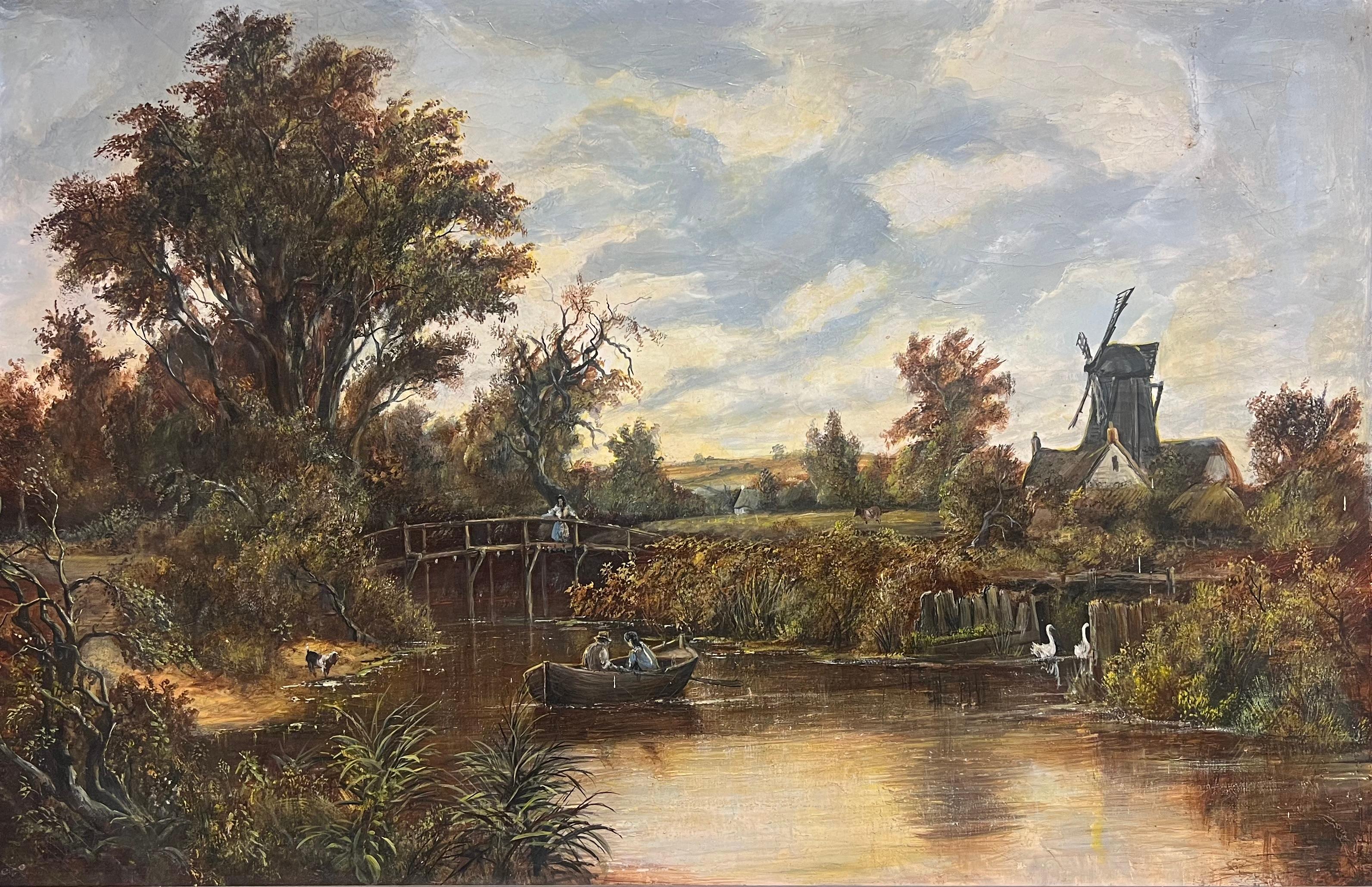 Paisaje Rural Molino Figuras Estanque y Animales Pintura al Óleo Grande - Painting de 20th Century English School