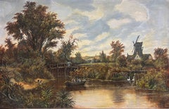 Großes Ölgemälde, ländliche Landschaftsssszene, Windmühlenfiguren, Teich und Tiere, Groß