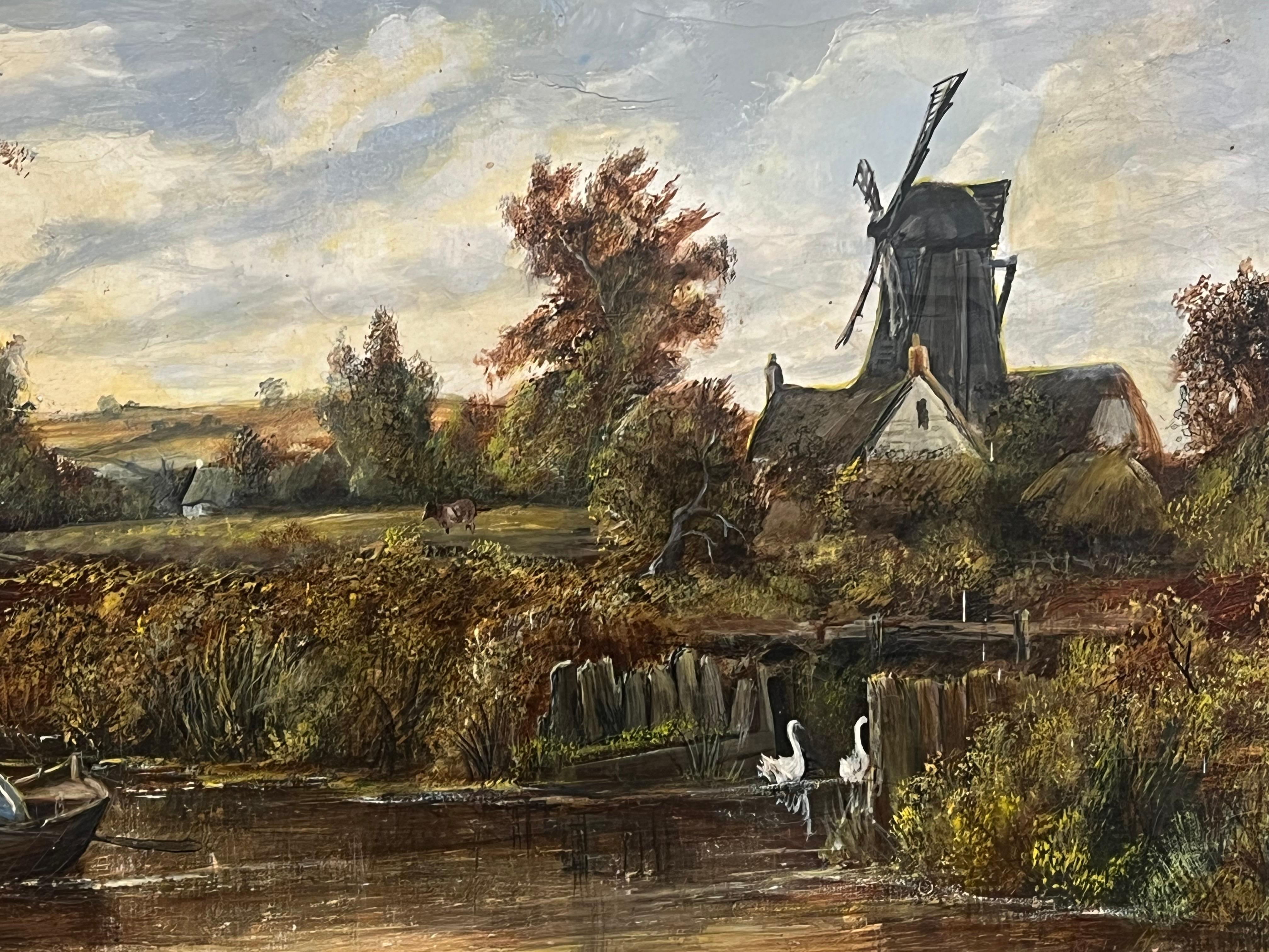 Paisaje Rural Molino Figuras Estanque y Animales Pintura al Óleo Grande - Painting Escuela inglesa de 20th Century English School