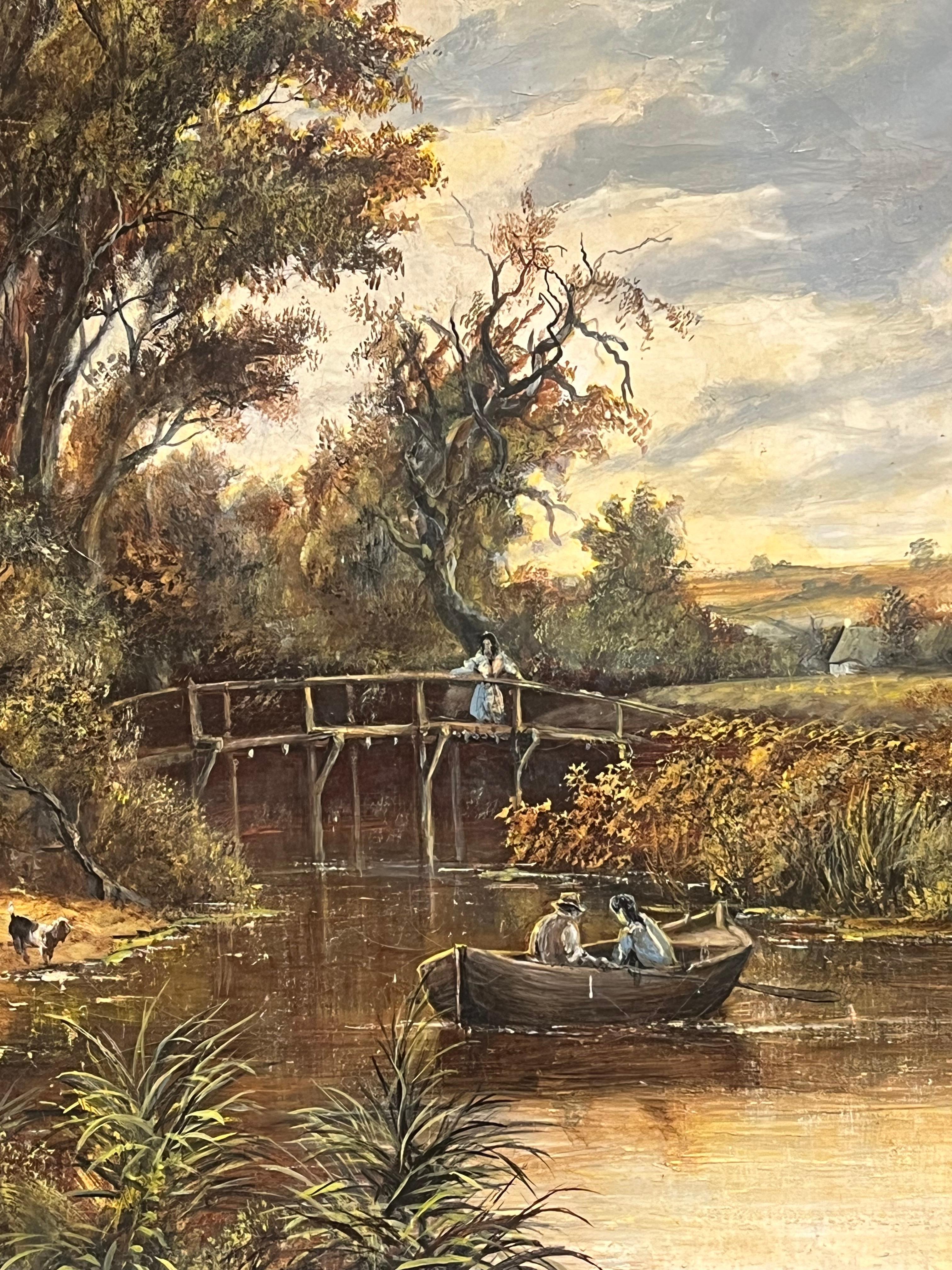 Paisaje Rural Molino Figuras Estanque y Animales Pintura al Óleo Grande - Landscape Painting Marrón de 20th Century English School