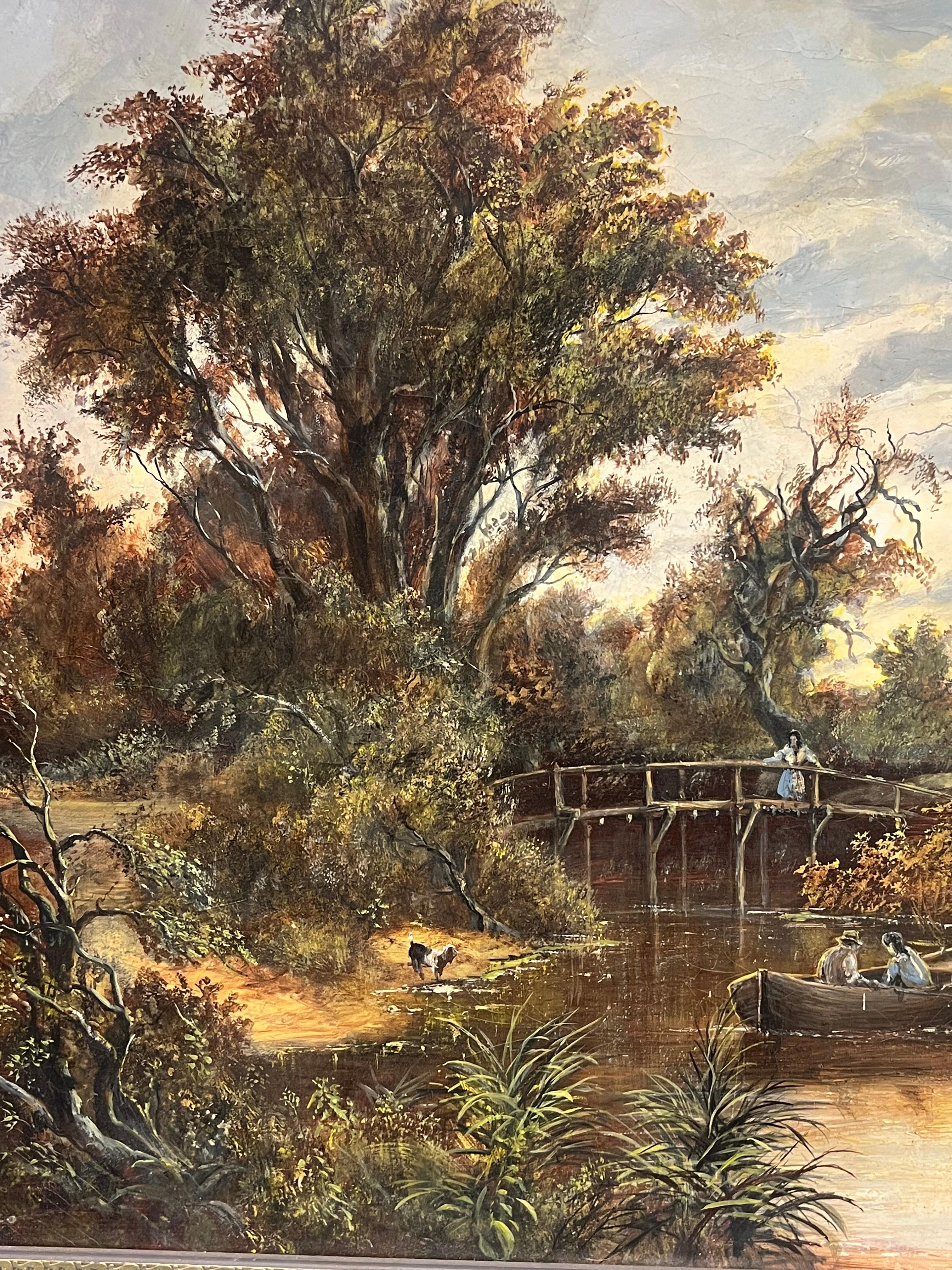 Paisaje Rural Molino Figuras Estanque y Animales Pintura al Óleo Grande en venta 1