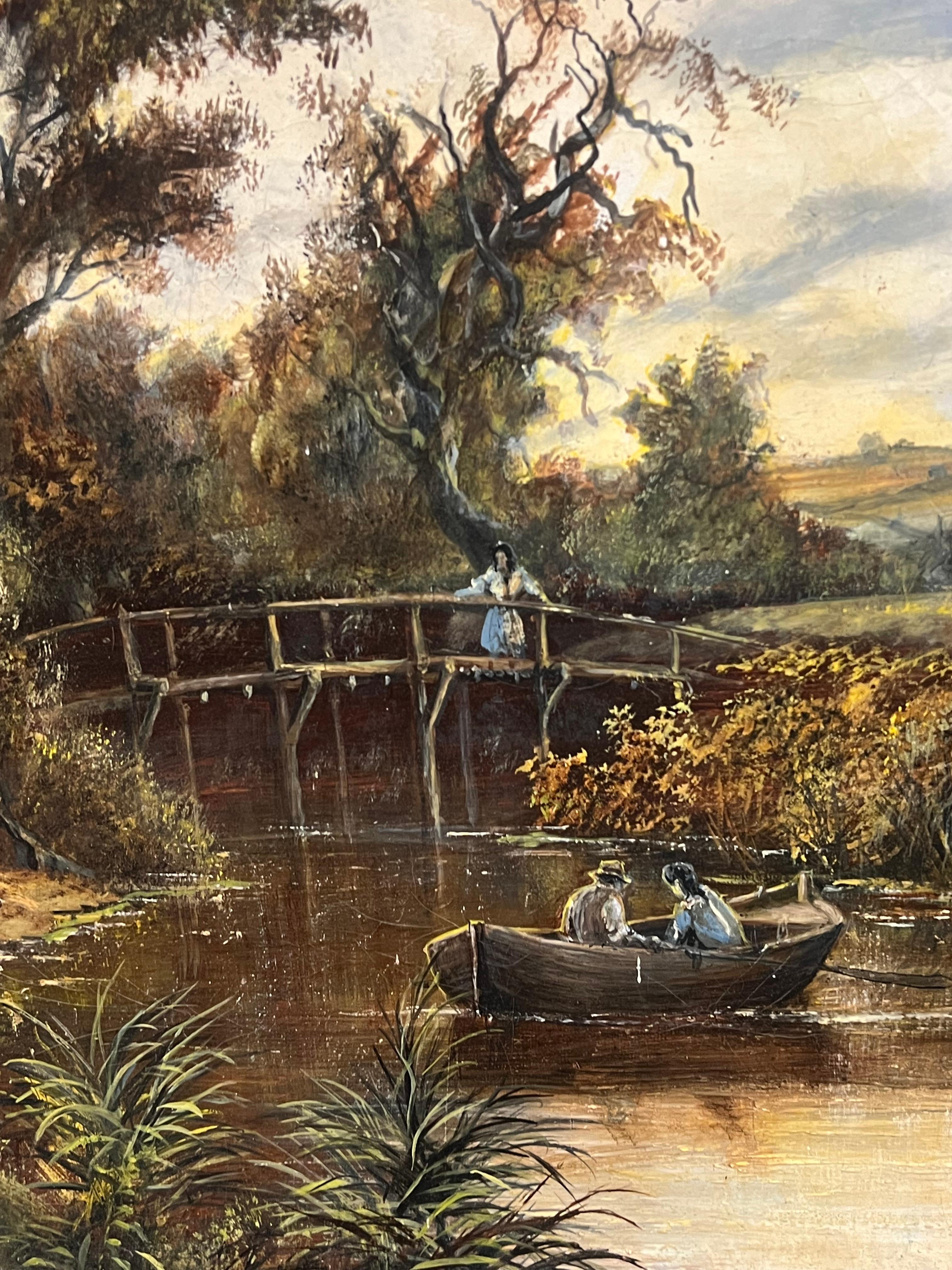 Paisaje Rural Molino Figuras Estanque y Animales Pintura al Óleo Grande en venta 2