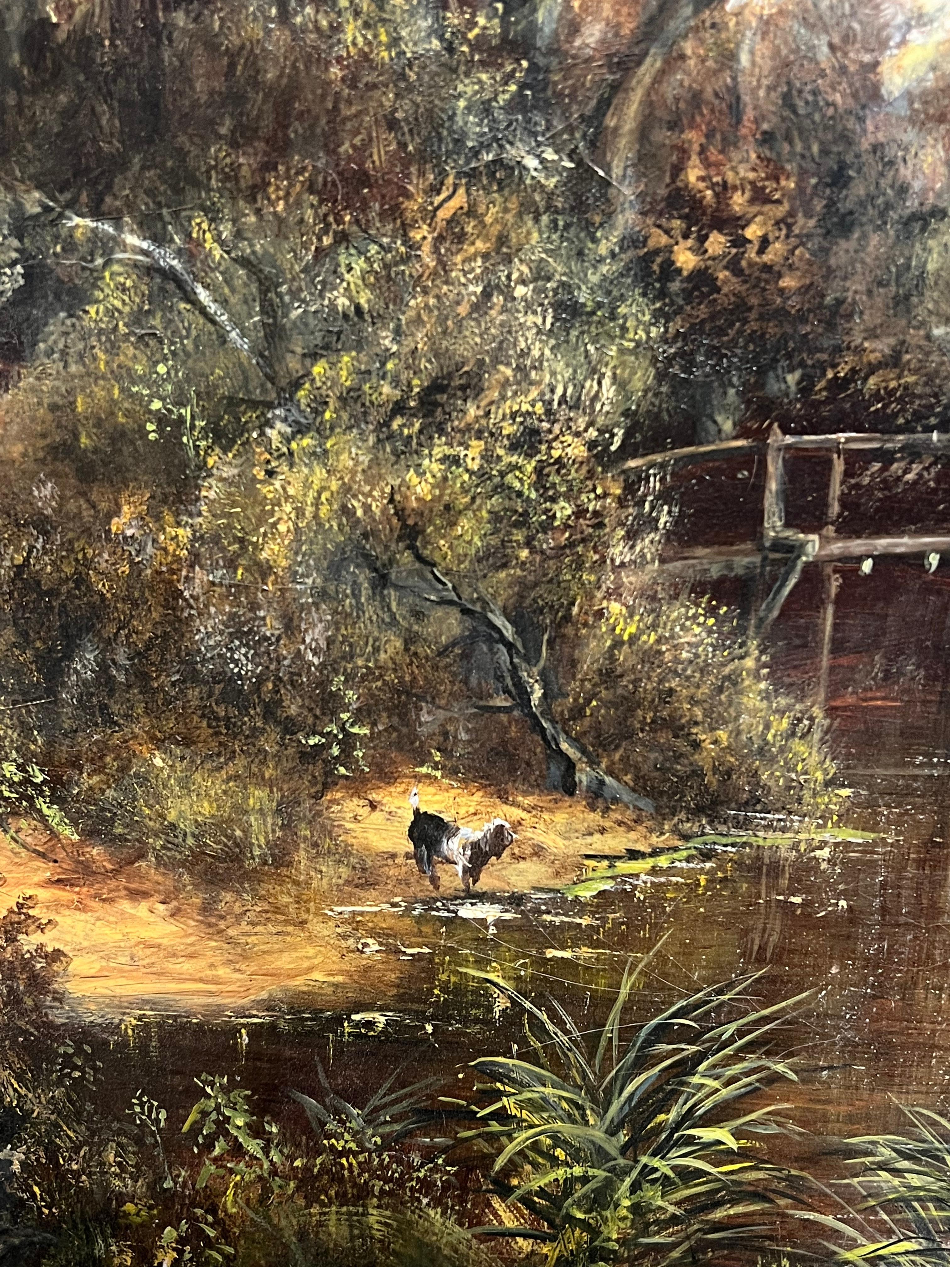 Paisaje Rural Molino Figuras Estanque y Animales Pintura al Óleo Grande en venta 3