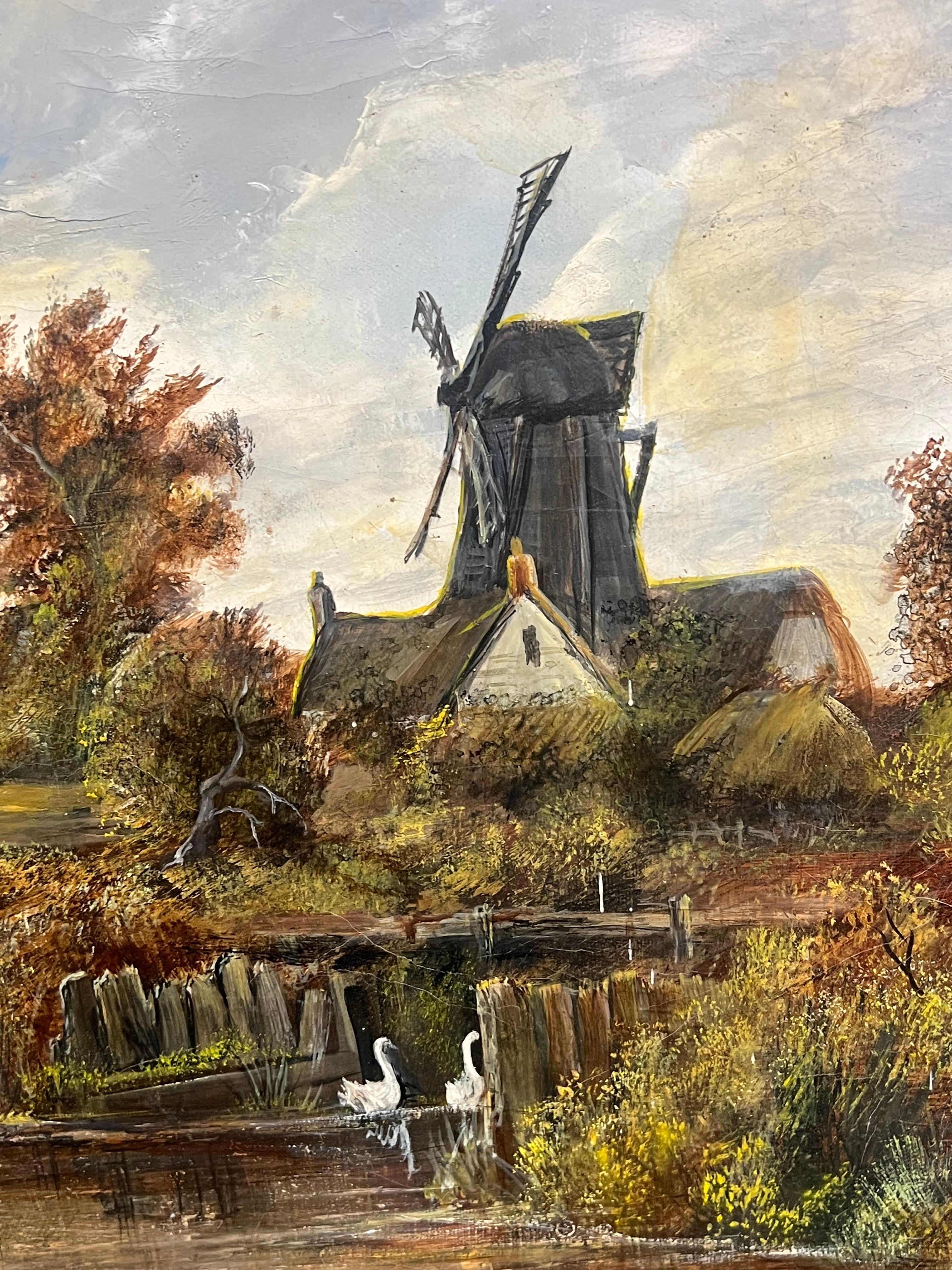 Paisaje Rural Molino Figuras Estanque y Animales Pintura al Óleo Grande en venta 4