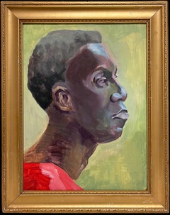 Side Profile Portrait of Man in Red Top Signed 20th Century British Oil Painting