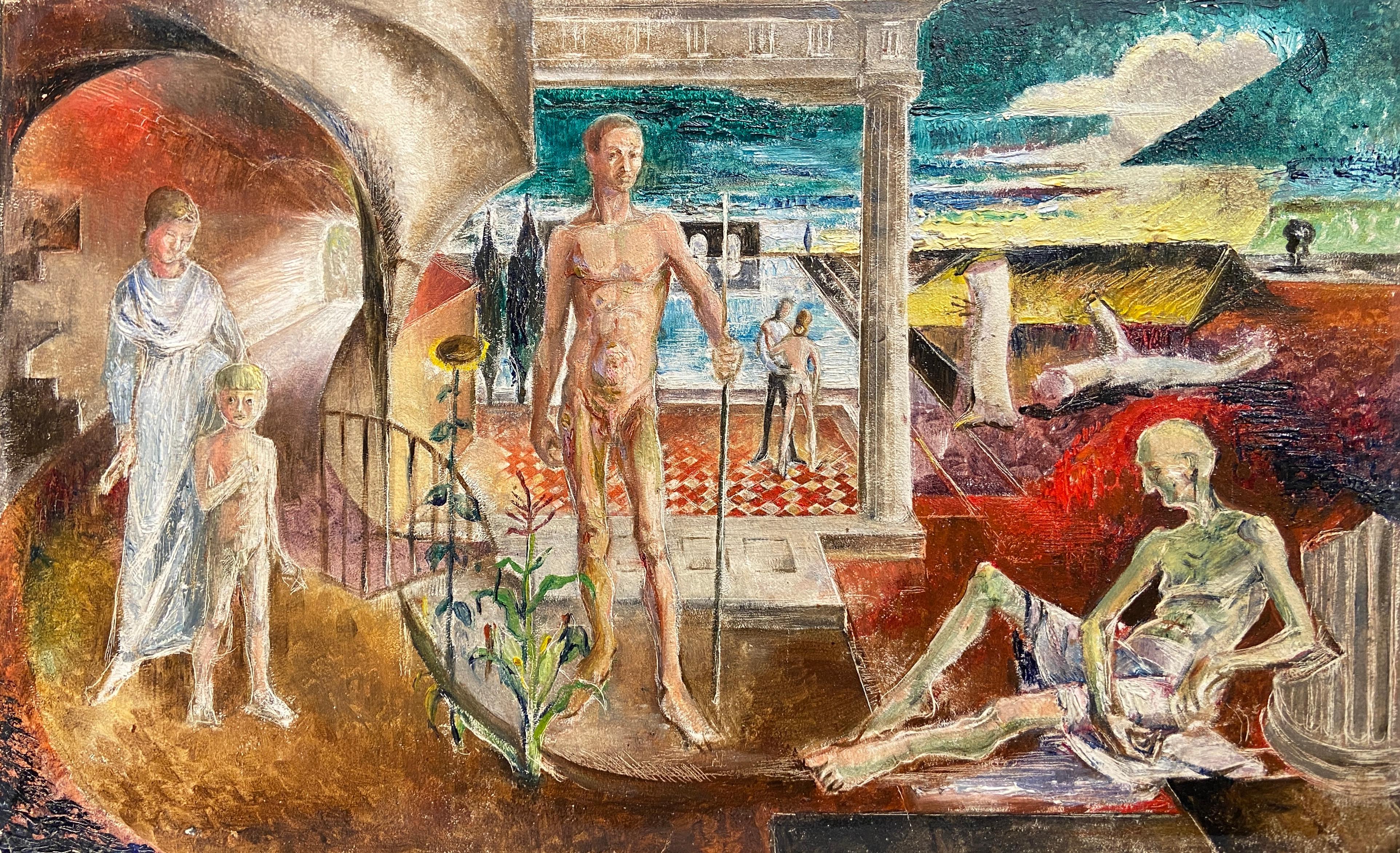 20th Century English School Figurative Painting – Drei Jahre des Mannes, Öl auf Karton, figuratives Gemälde des 20. Jahrhunderts