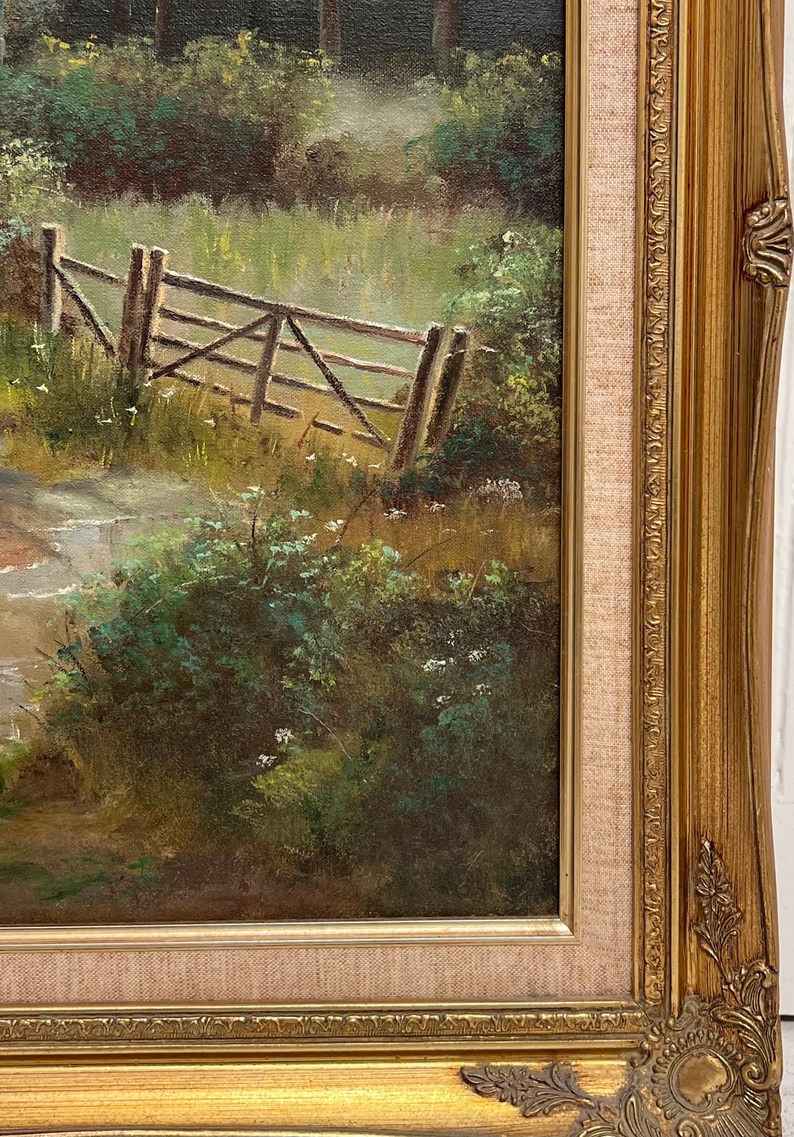 Traditioneller englischer Bauernhof Felder Landschaft Alter Holzzaun Signiert Öl im Angebot 6