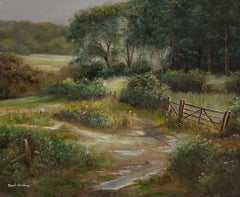 Traditional English Rural Farm Fields Landscape Old Wooden Fence Signed Oil