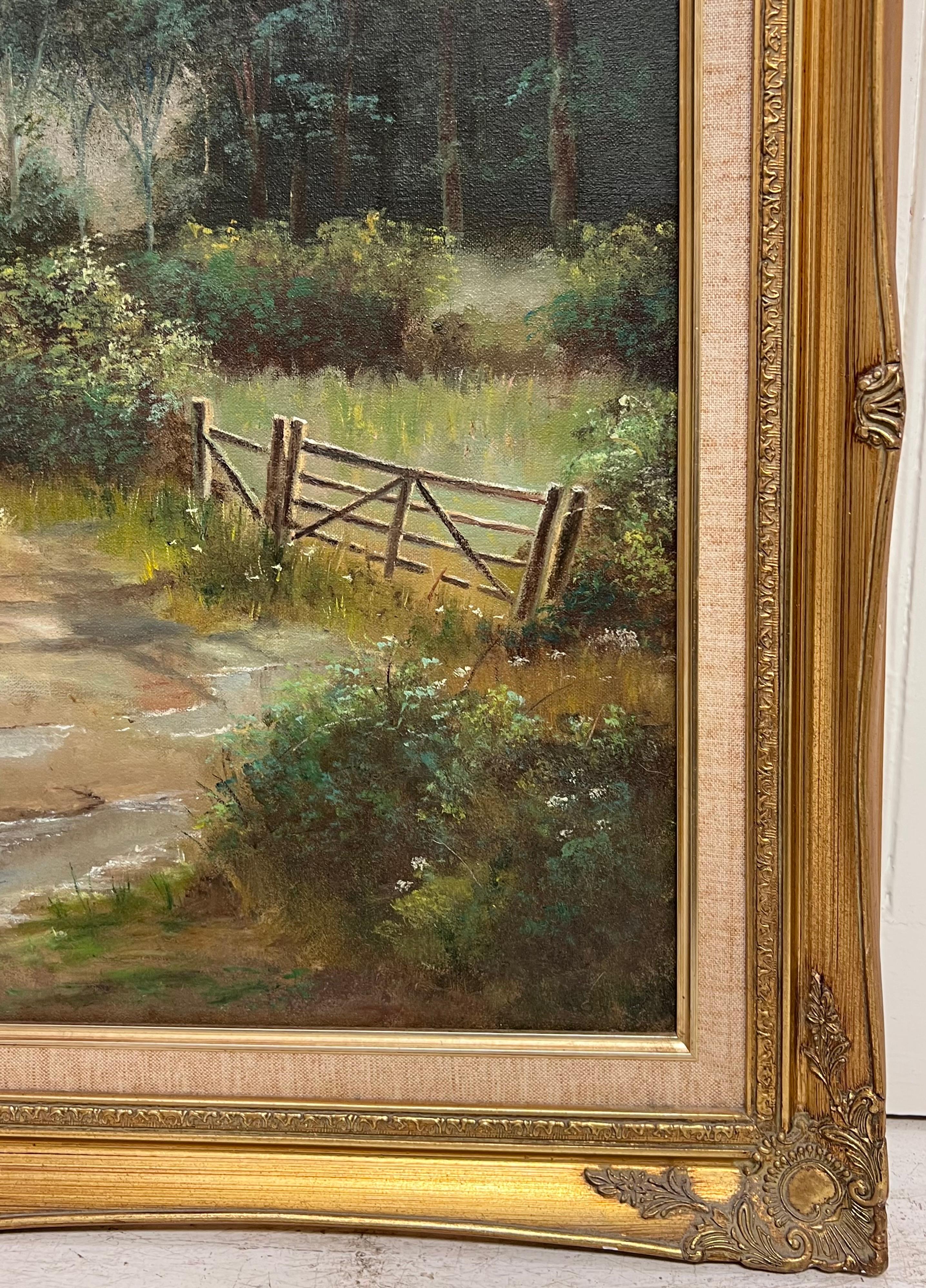 Traditioneller englischer Bauernhof Felder Landschaft Alter Holzzaun Signiert Öl (Englische Schule), Painting, von 20th Century English School