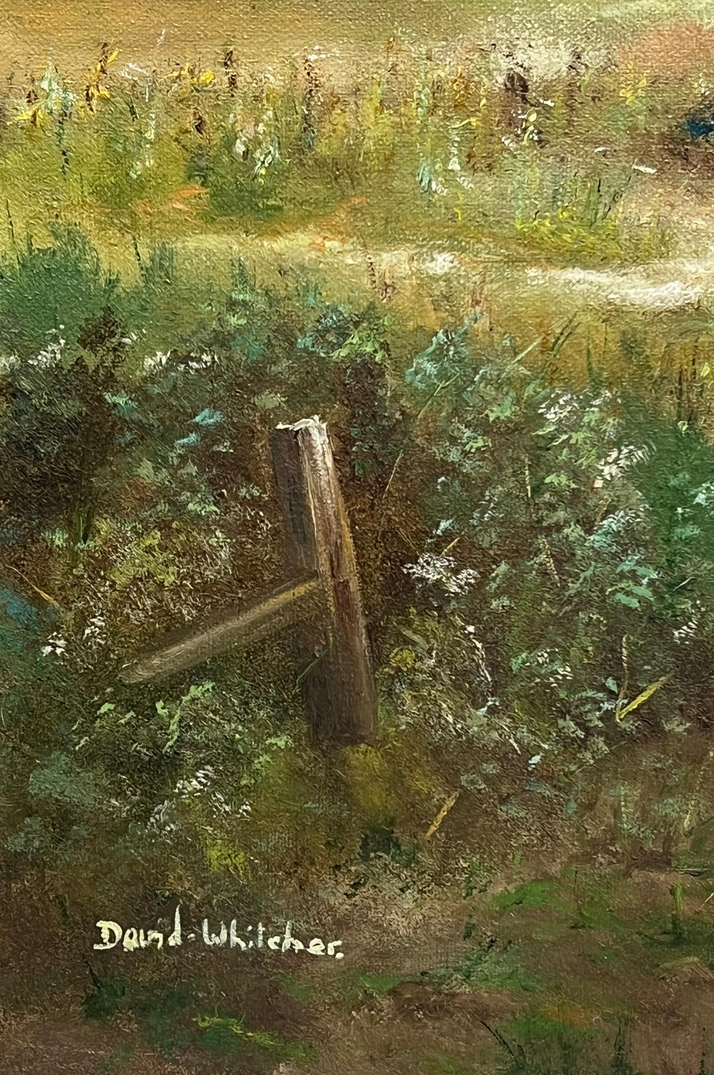 Traditioneller englischer Bauernhof Felder Landschaft Alter Holzzaun Signiert Öl im Angebot 1