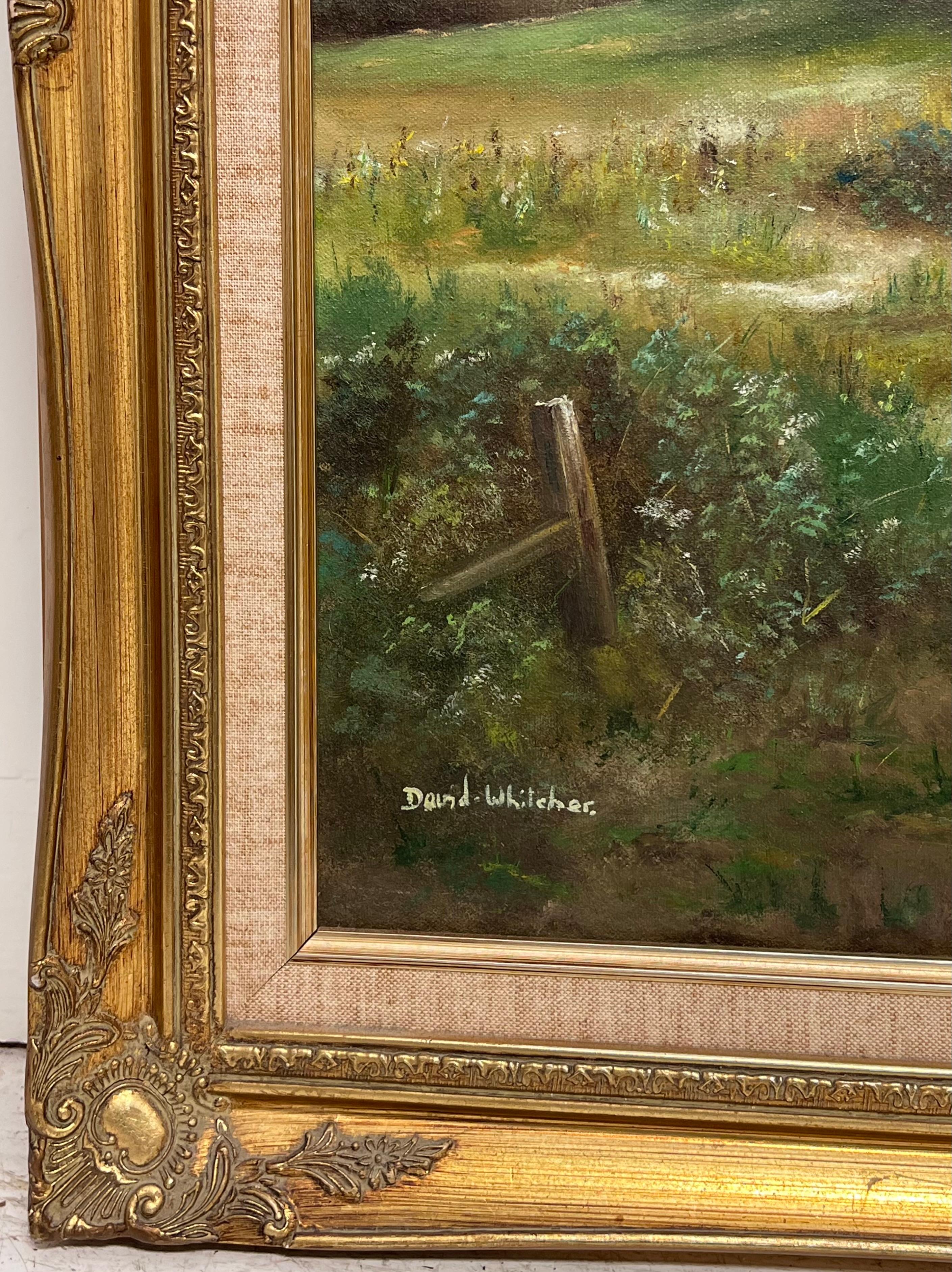 Traditioneller englischer Bauernhof Felder Landschaft Alter Holzzaun Signiert Öl im Angebot 2