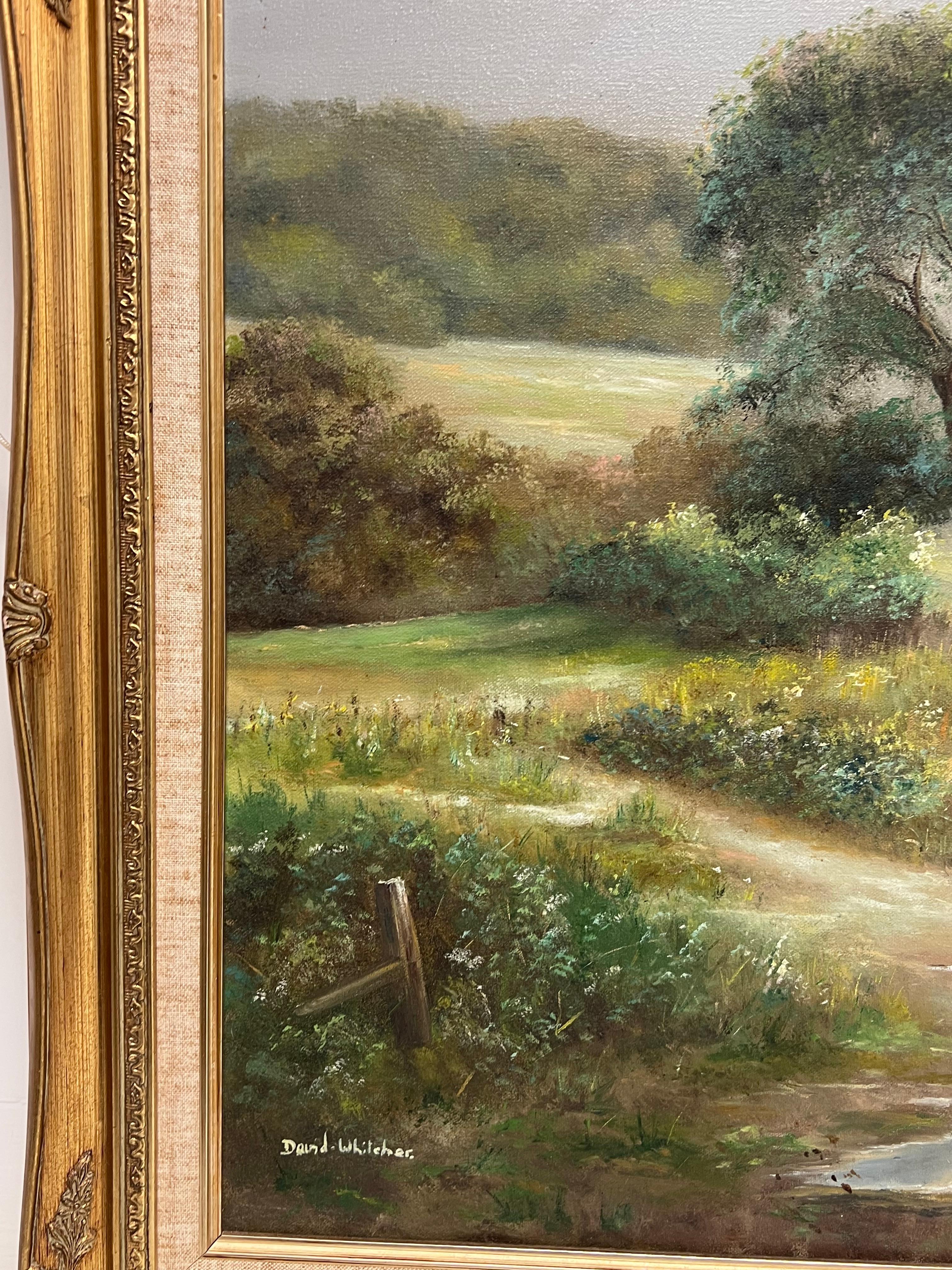 Traditioneller englischer Bauernhof Felder Landschaft Alter Holzzaun Signiert Öl im Angebot 3