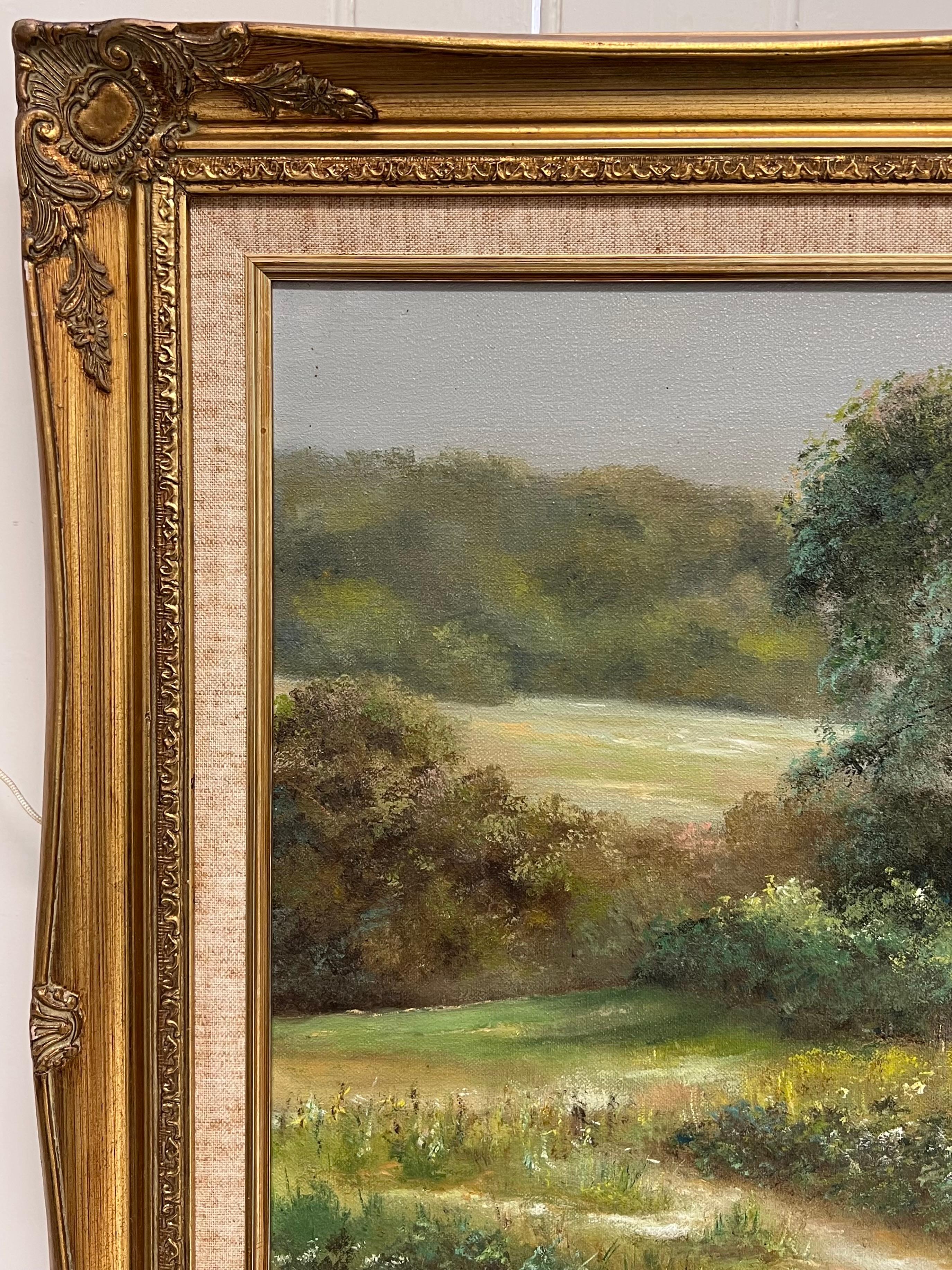 Traditioneller englischer Bauernhof Felder Landschaft Alter Holzzaun Signiert Öl im Angebot 4