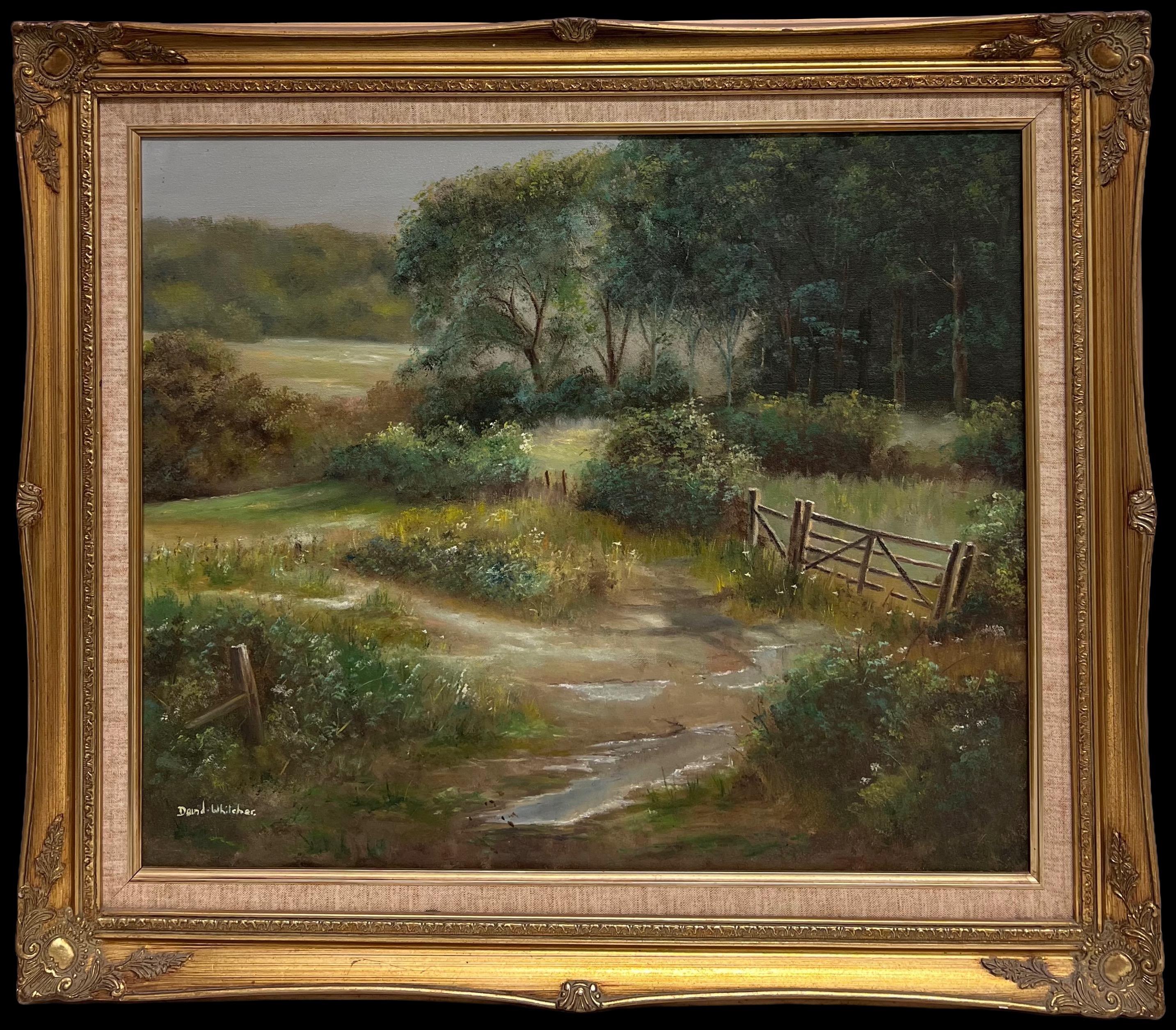 20th Century English School Landscape Painting – Traditioneller englischer Bauernhof Felder Landschaft Alter Holzzaun Signiert Öl
