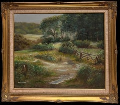 Traditional English Rural Farm Fields Landscape Old Wooden Fence Signed Oil