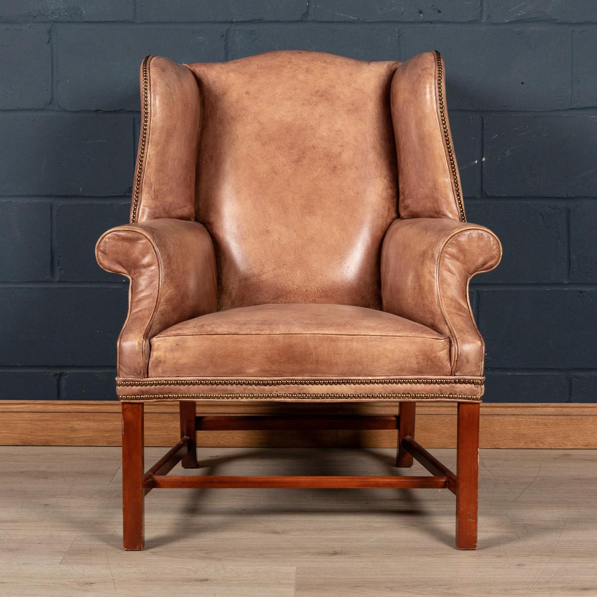British 20th Century English Sheepskin Leather Wingback Armchair For Sale