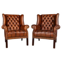 20th Century English Sheepskin Leather Wingback Armchairs