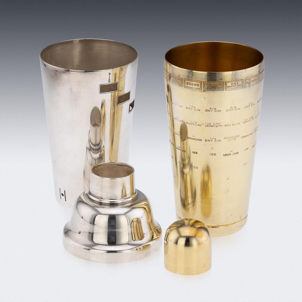 Englischer versilberter Cocktailshaker „Tells-U-How“ des 20. Jahrhunderts, um 1930 (Vergoldung) im Angebot
