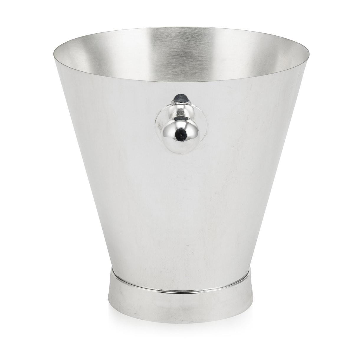 A lovely silver-plated Art Deco wine cooler or champagne bucket with a delightful tapered shape and ball handles, evoking the timeless elegance of the 1940s or 50s. Impeccably restored to its original glory, this champagne bucket bears the