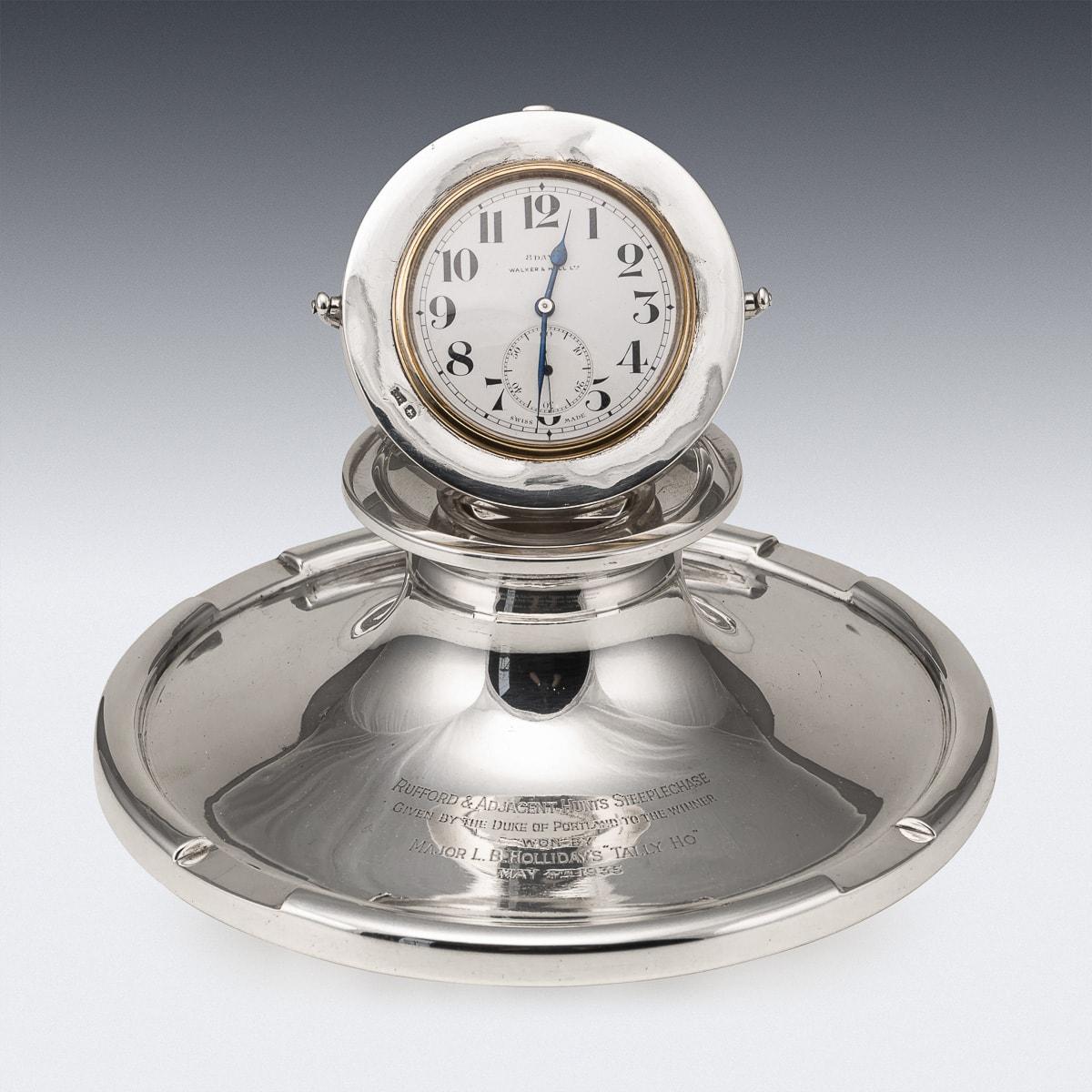 Other 20th Century English Solid Silver Capstan Desk Clock & Inkwell, Sheffield c.1933 For Sale