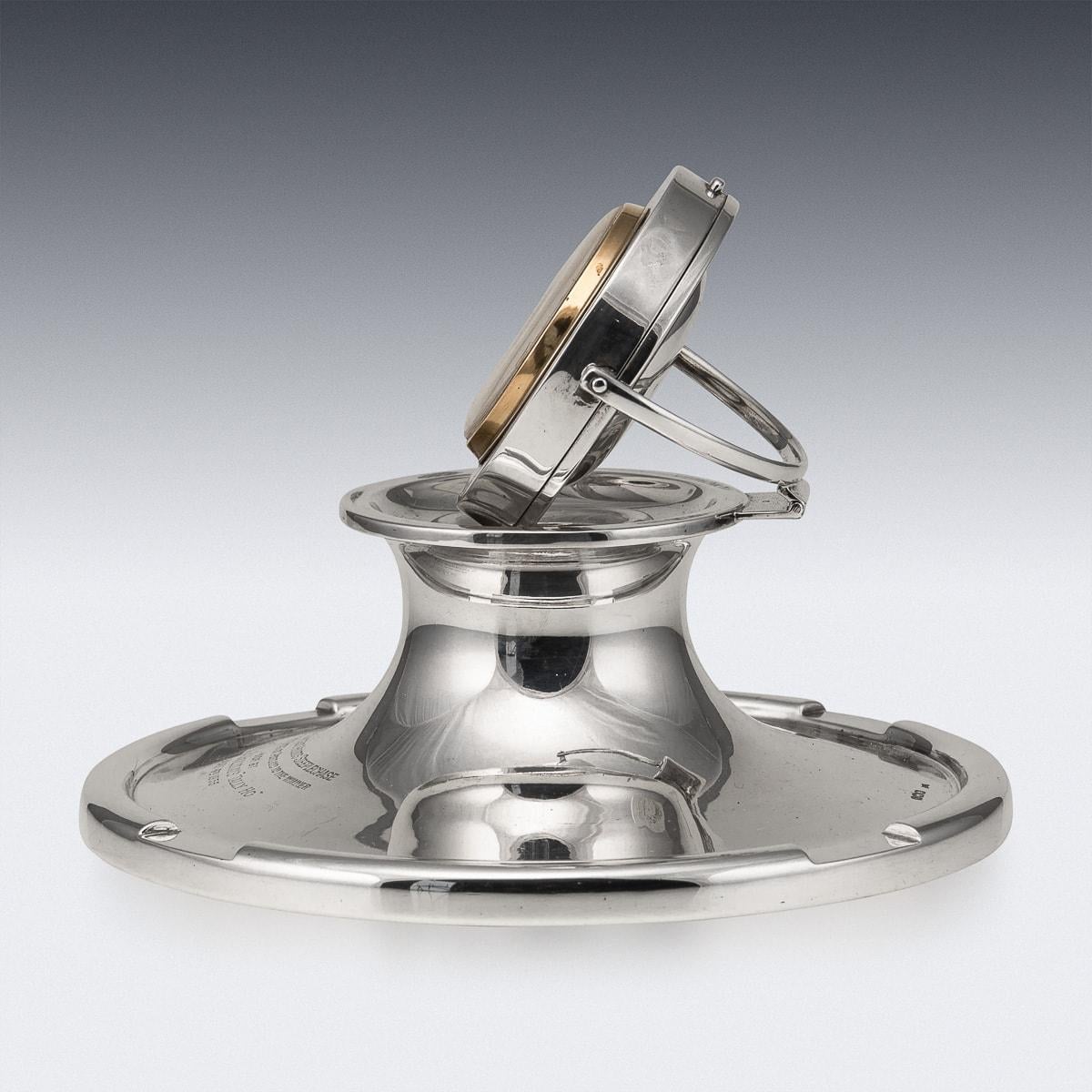 British 20th Century English Solid Silver Capstan Desk Clock & Inkwell, Sheffield c.1933 For Sale