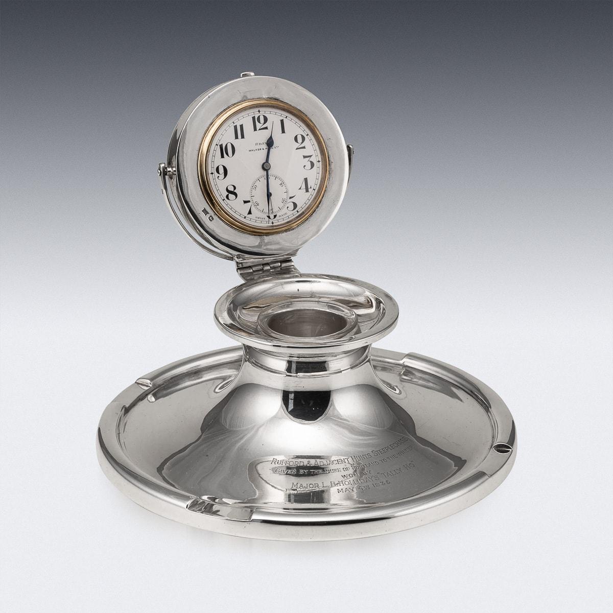 20th Century English Solid Silver Capstan Desk Clock & Inkwell, Sheffield c.1933 For Sale 1