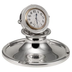 20th Century English Solid Silver Capstan Desk Clock & Inkwell, Sheffield c.1933