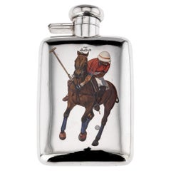 20th Century English Solid Silver & Enamel Polo Hip Flask, Birmingham, c.1924