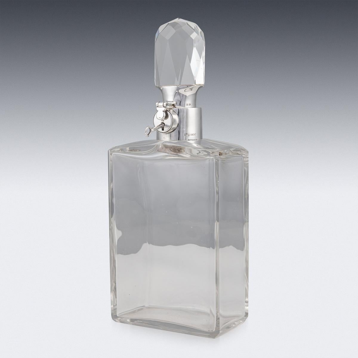 Art Deco 20th Century English Solid Silver & Glass Spirit Decanter with Lock & Key c.1933 For Sale