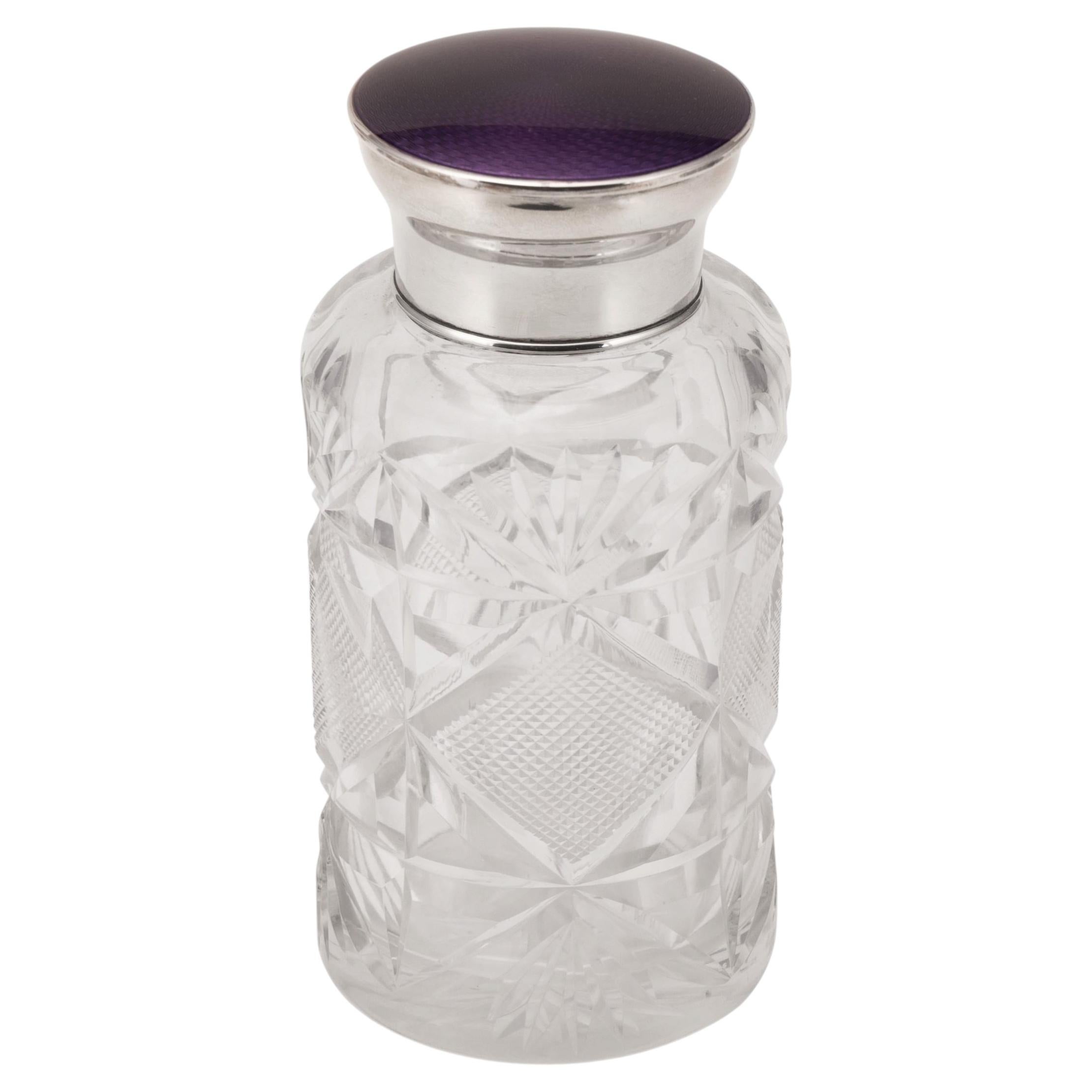 20th Century English Solid Silver, Guilloché Enamel & Cut Crystal Jar c.1927
