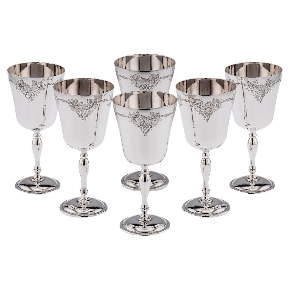 20th Century English Solid Silver Set of 6 Wine Goblets, Birmingham, C.1968