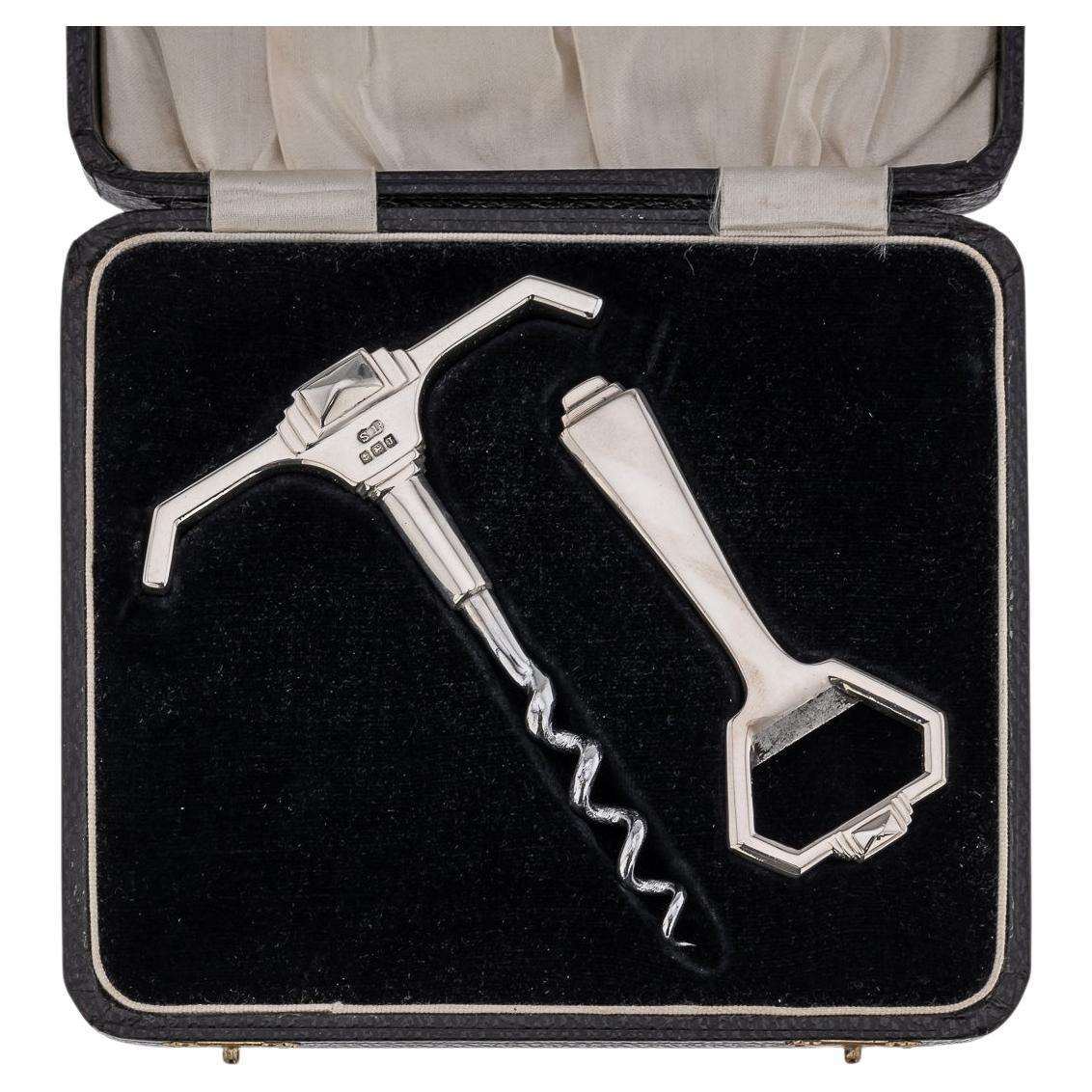 20th Century English Solid Silver Wine Corkscrew & Bottle Opener, c.1933 For Sale