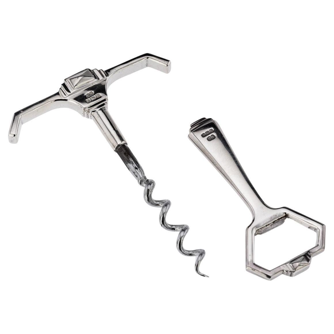 20th Century English Solid Silver Wine Corkscrew & Bottle Opener, c.1941 For Sale