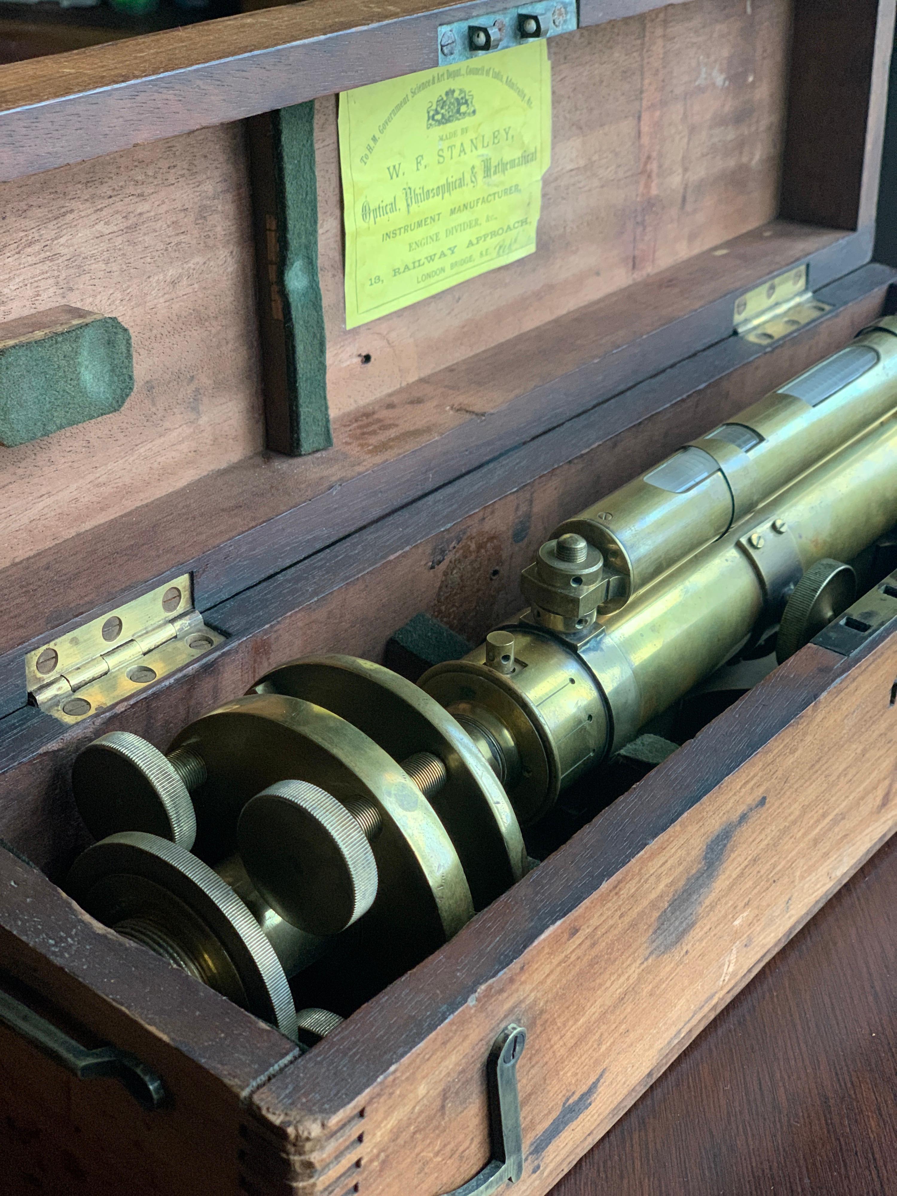 Brass 20th Century English Theodolite by W.F. Stanley London in Original Wooden Box For Sale