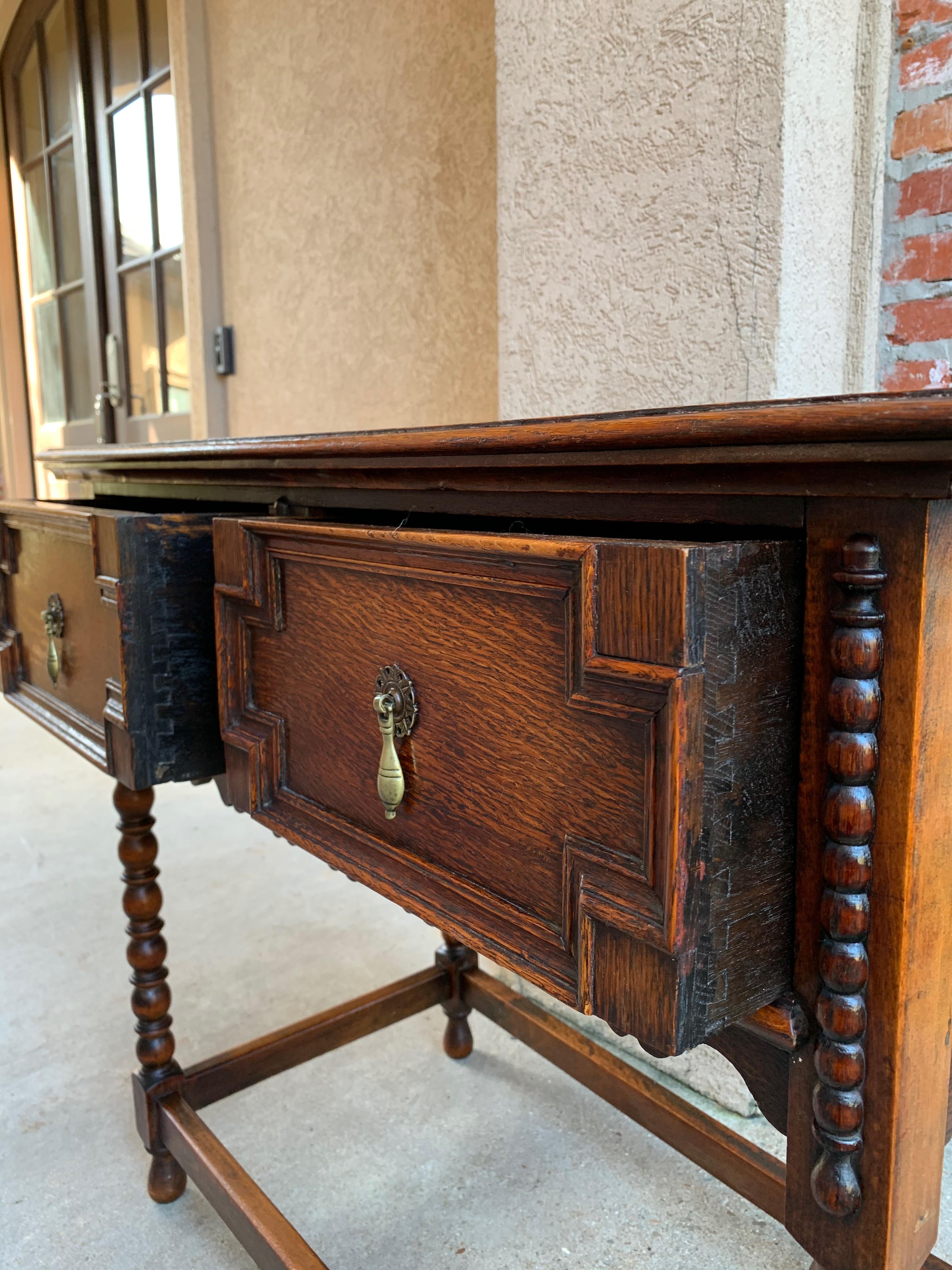 20th Century English Tiger Carved Oak Hall Sofa Table Jacobean Style Brass 6