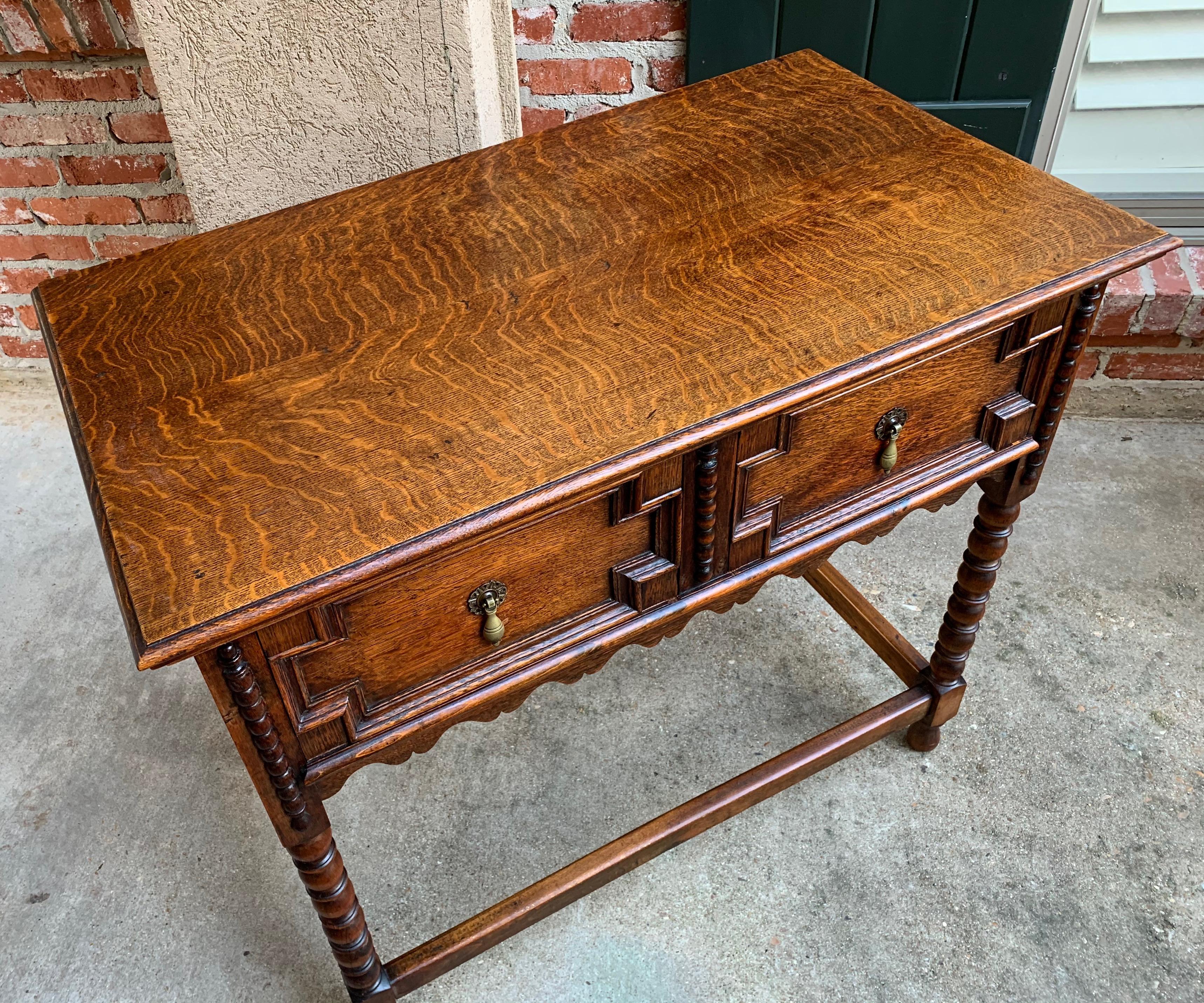 20th Century English Tiger Carved Oak Hall Sofa Table Jacobean Style Brass 2