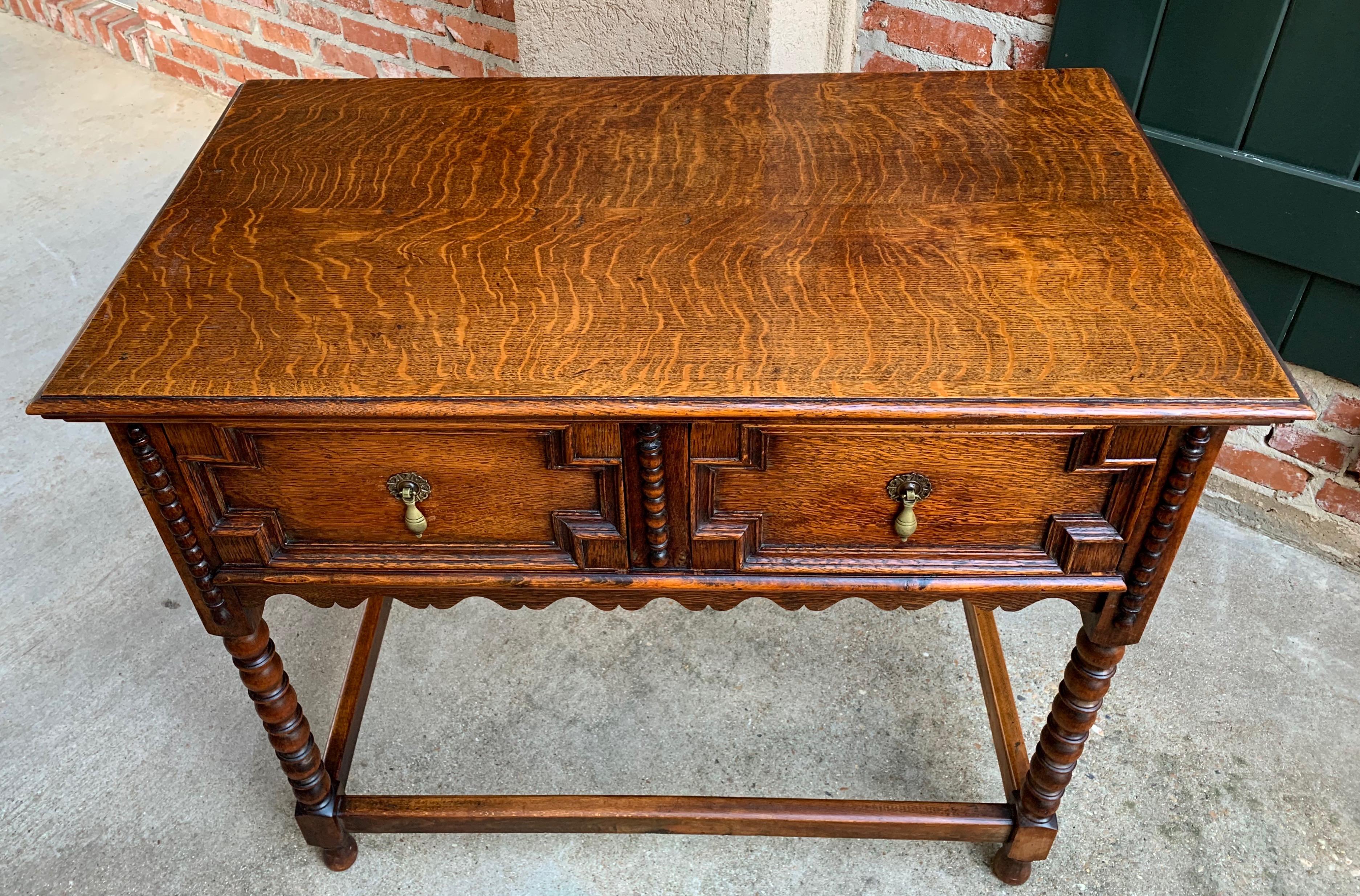 20th Century English Tiger Carved Oak Hall Sofa Table Jacobean Style Brass 3